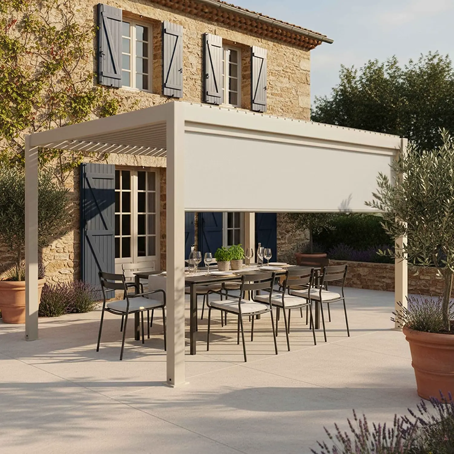 Pergola en aluminium 3x4 m autoportée 1 store vue 3