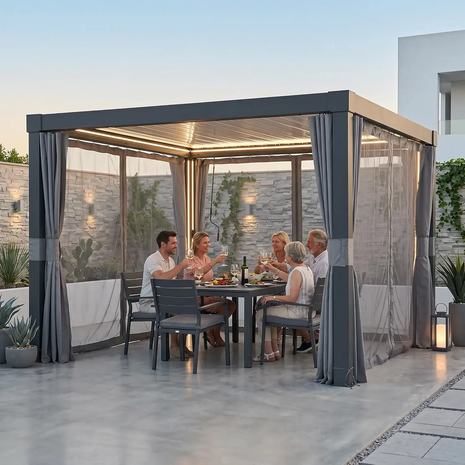 SUNJOY Pergola Bioclimatique 3x3 m avec Rideaux et Moustiquaires, Tonnelle de Jardin en Aluminium, Toit à Lames Orientables Électrique, Éclairage LED Solaire, Pavillon de Terrasse Robuste, Anthracite