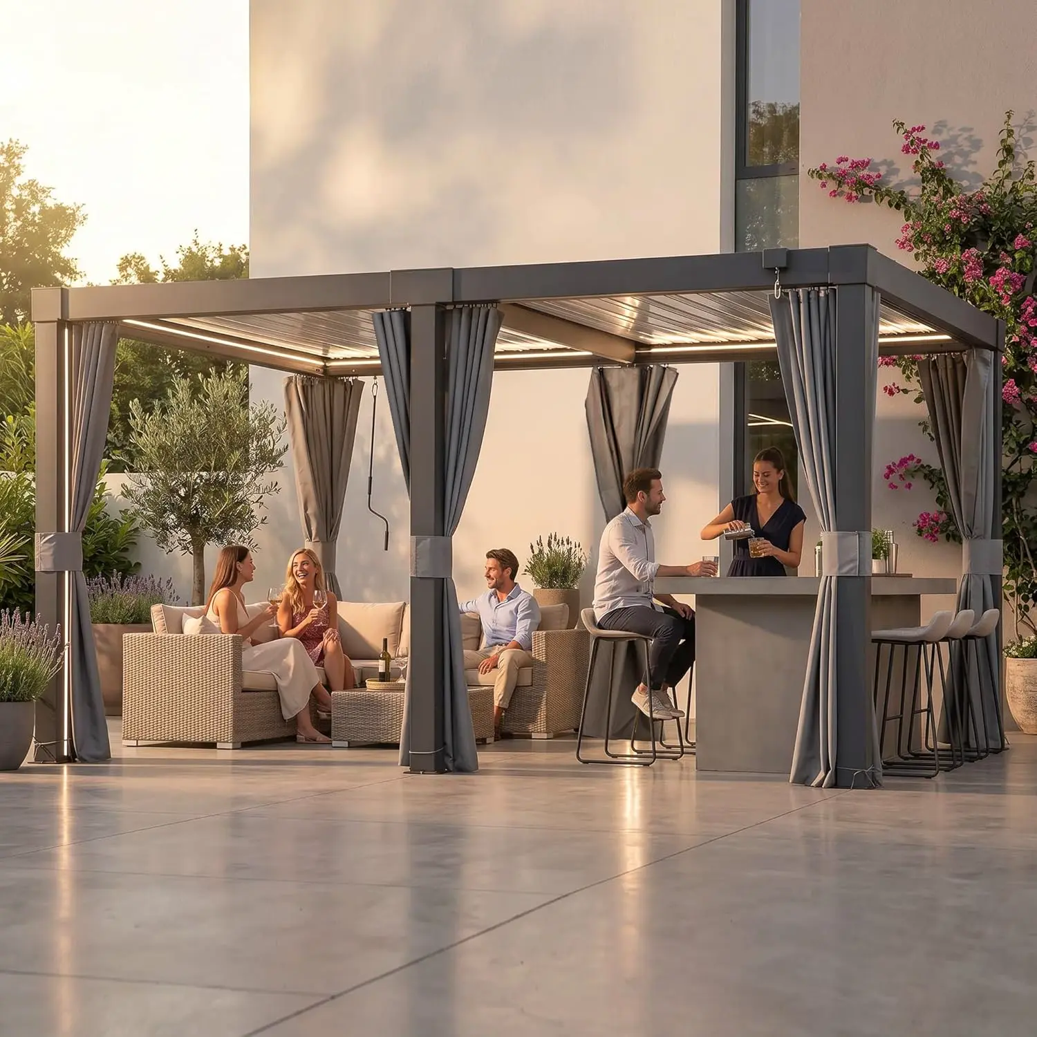 SUNJOY Pergola Bioclimatique 4x3 m Aluminium avec Rideaux et Moustiquaires, Tonnelle de Jardin LED Solaire, Toit à Lames Orientables, Pavillon de Terrasse Robuste