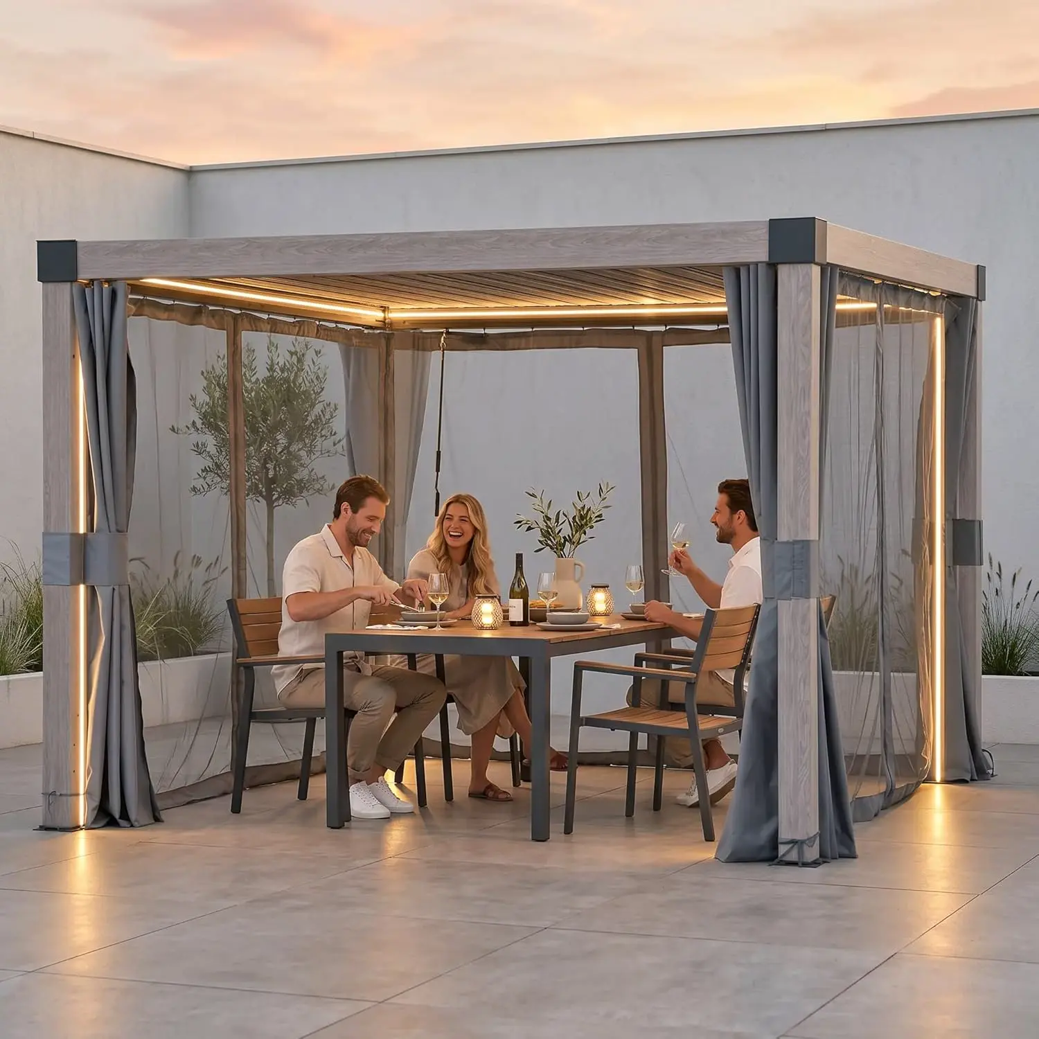 SUNJOY Pergola Bioclimatique 3x3 m Aluminium avec Rideaux et Moustiquaires, Tonnelle de Jardin LED Solaire, Toit à Lames Orientables, Pavillon de Terrasse Robuste, Effet Bois