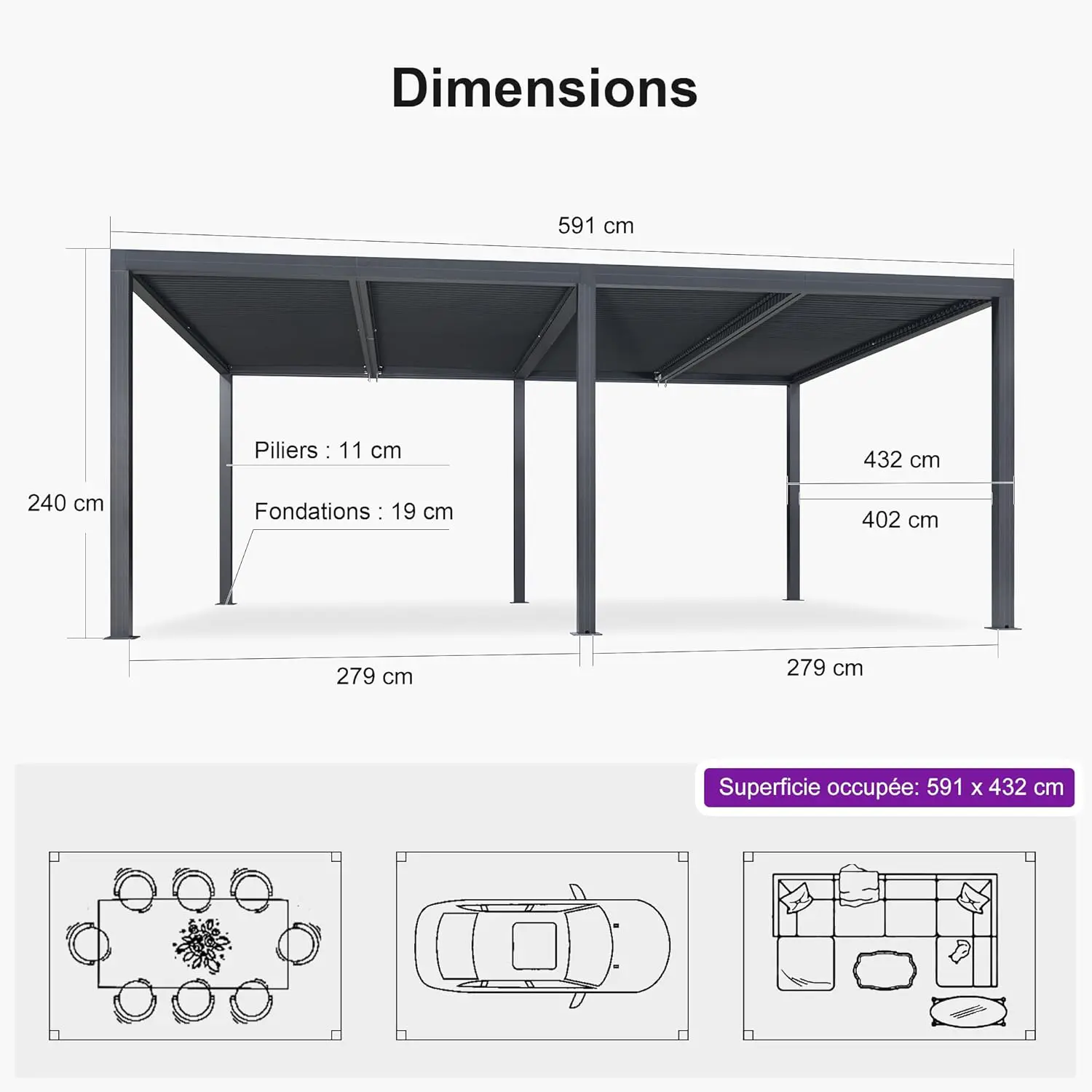 Pergola en aluminium gris 6x4,24 m vue 4