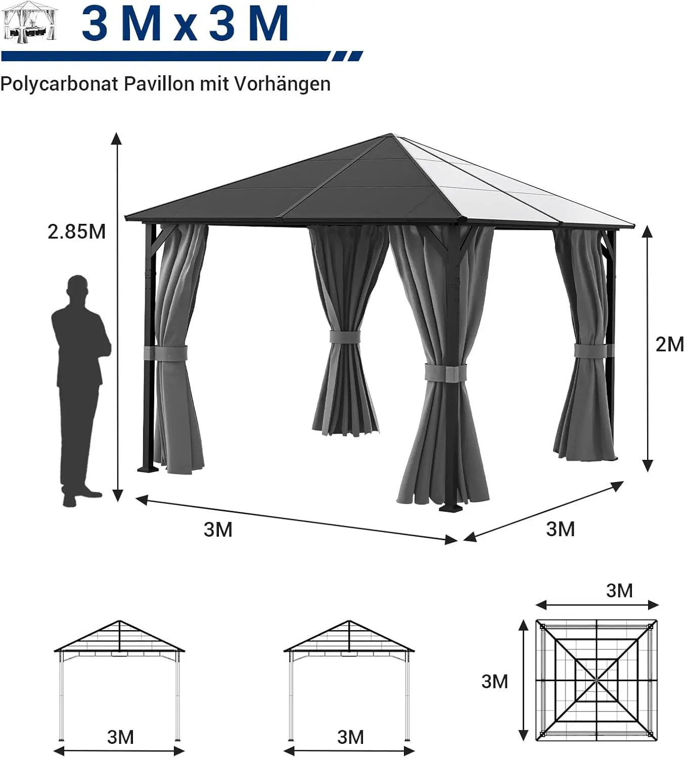 Pergola gris 3x3 m vue 2