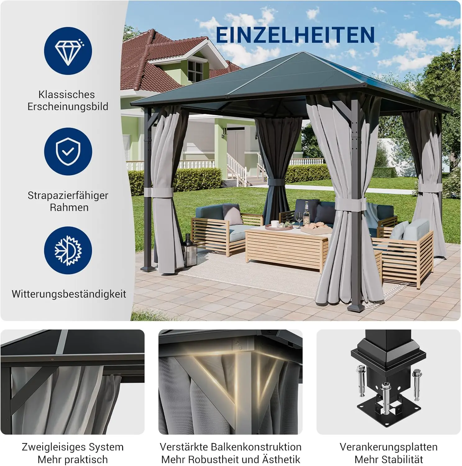 Pergola gris 3x3 m vue 3