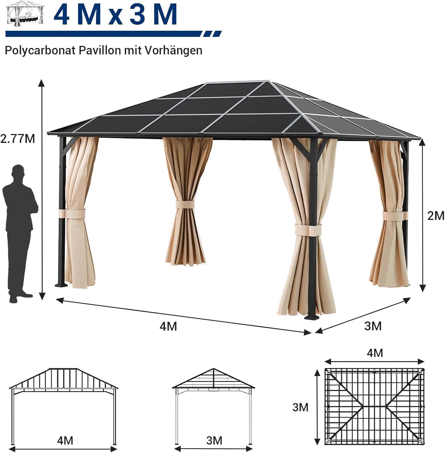 Pergola beige 3x4 m vue 2