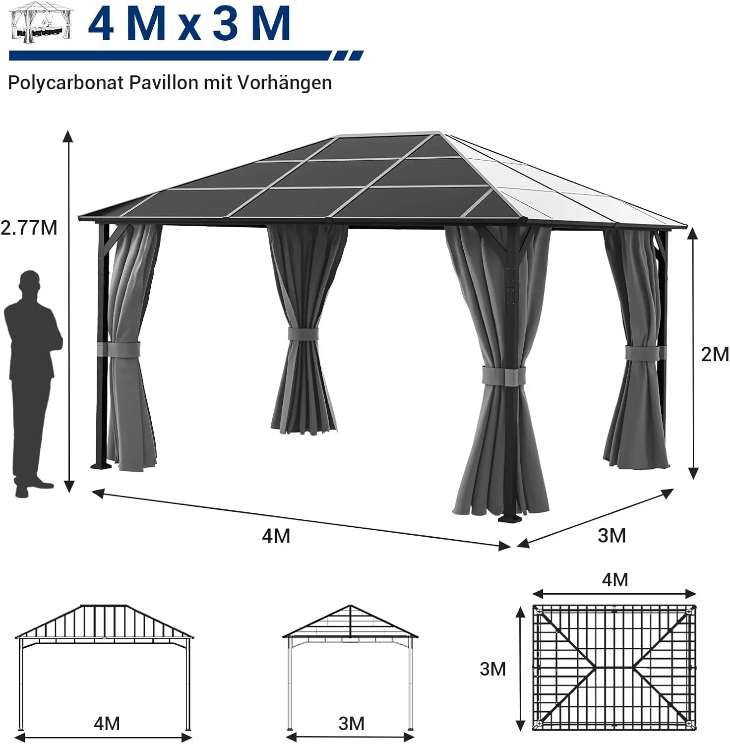 Pergola gris 3x4 m vue 2