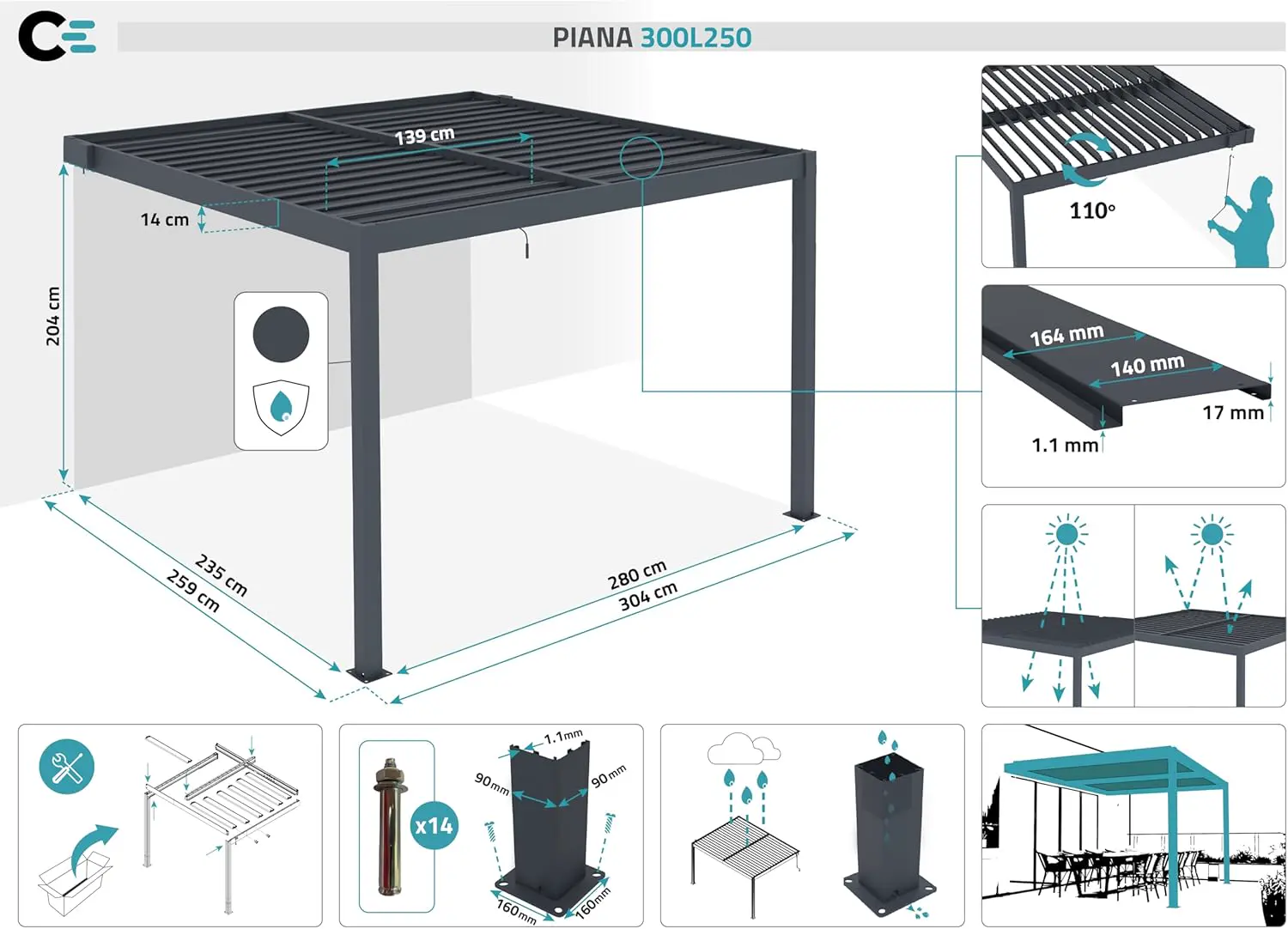 Pergola en aluminium gris 3x2,5 m adossée vue 2
