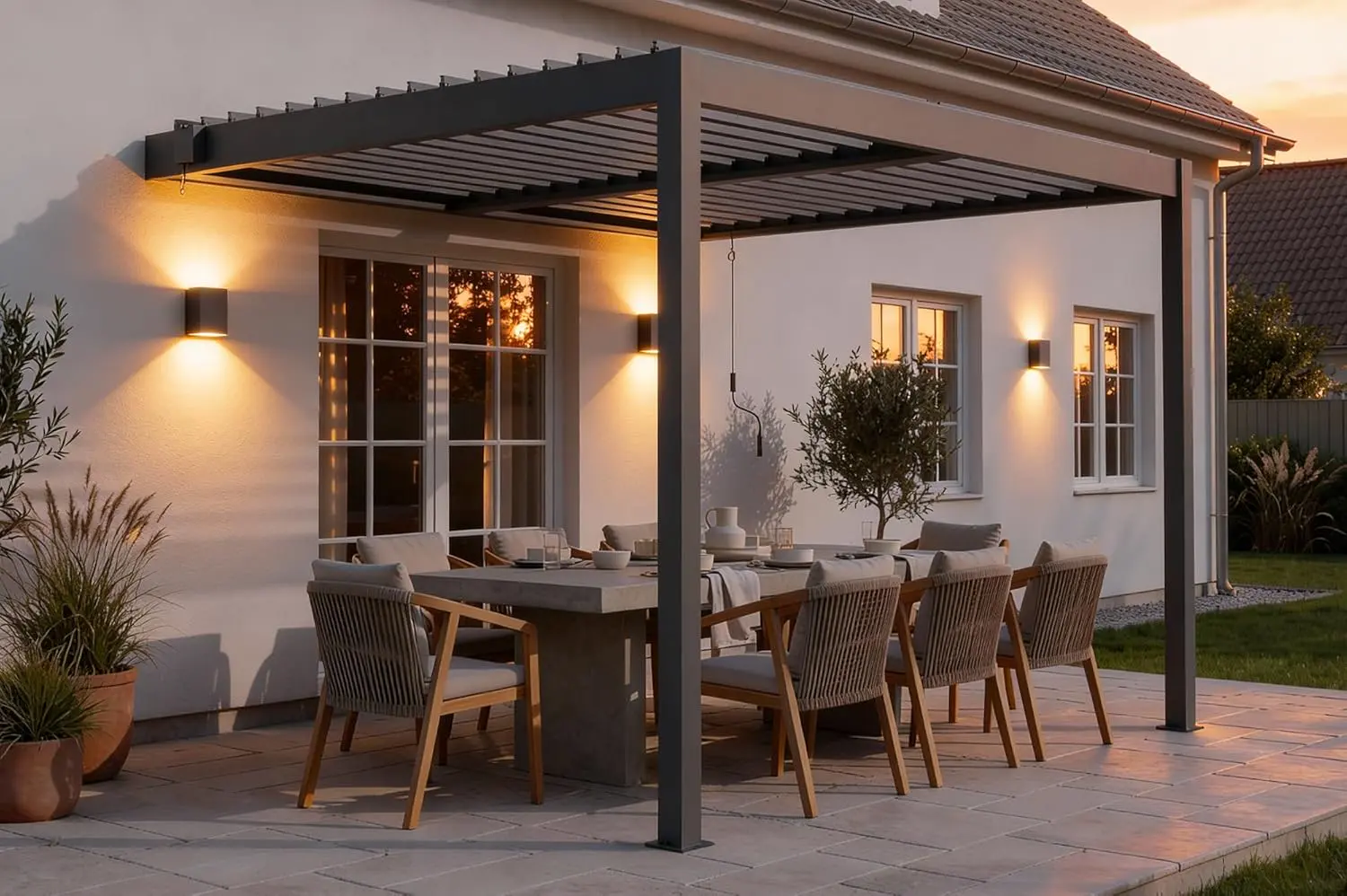 Pergola en aluminium gris 3x2,5 m adossée vue 3