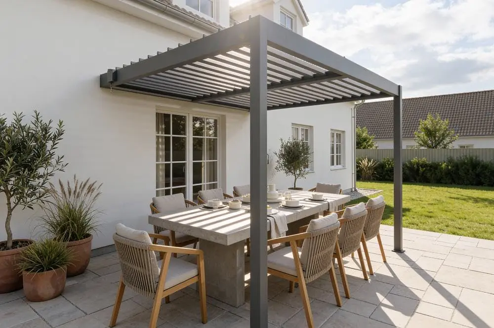 Pergola en aluminium gris 3x2,5 m adossée vue 7
