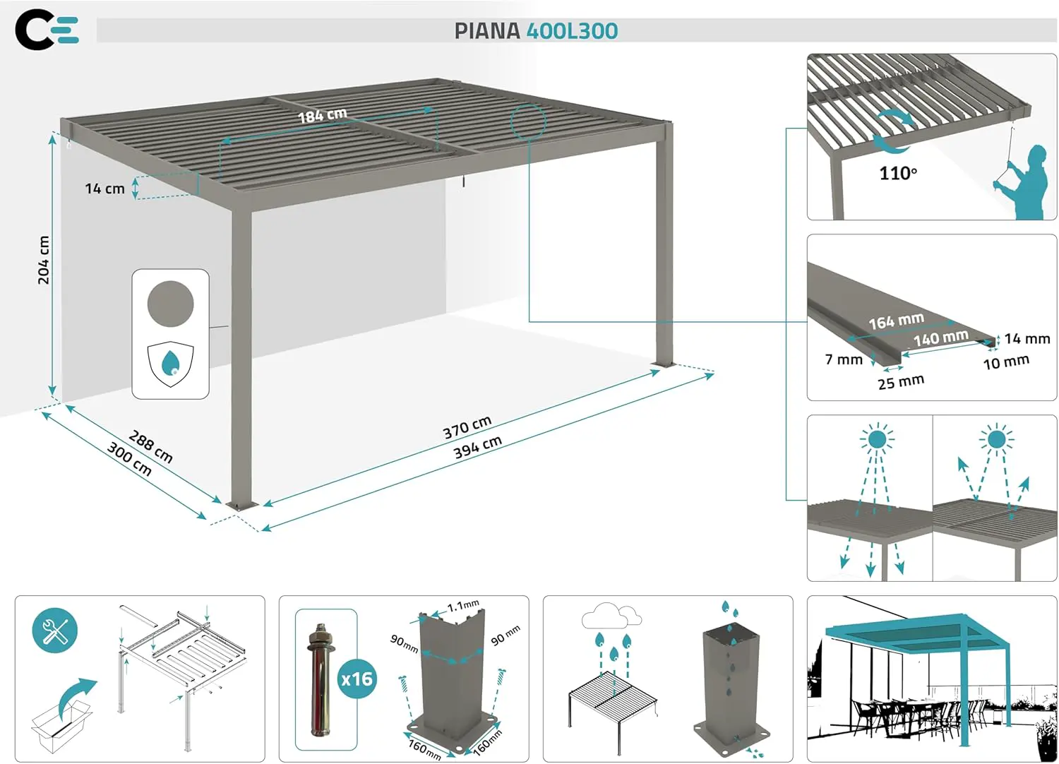 Pergola en aluminium taupe 4x3 m adossée vue 2