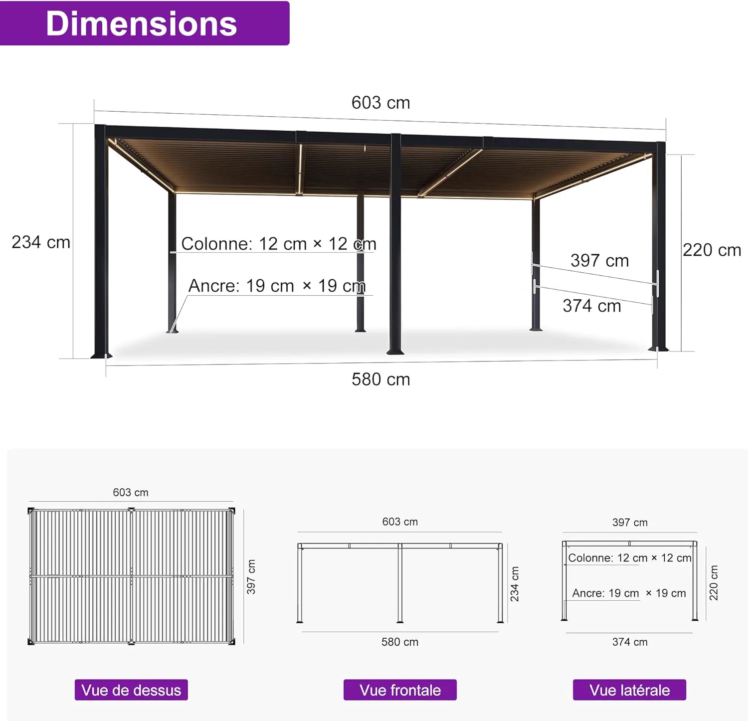 Pergola en aluminium gris 4x6 m vue 9