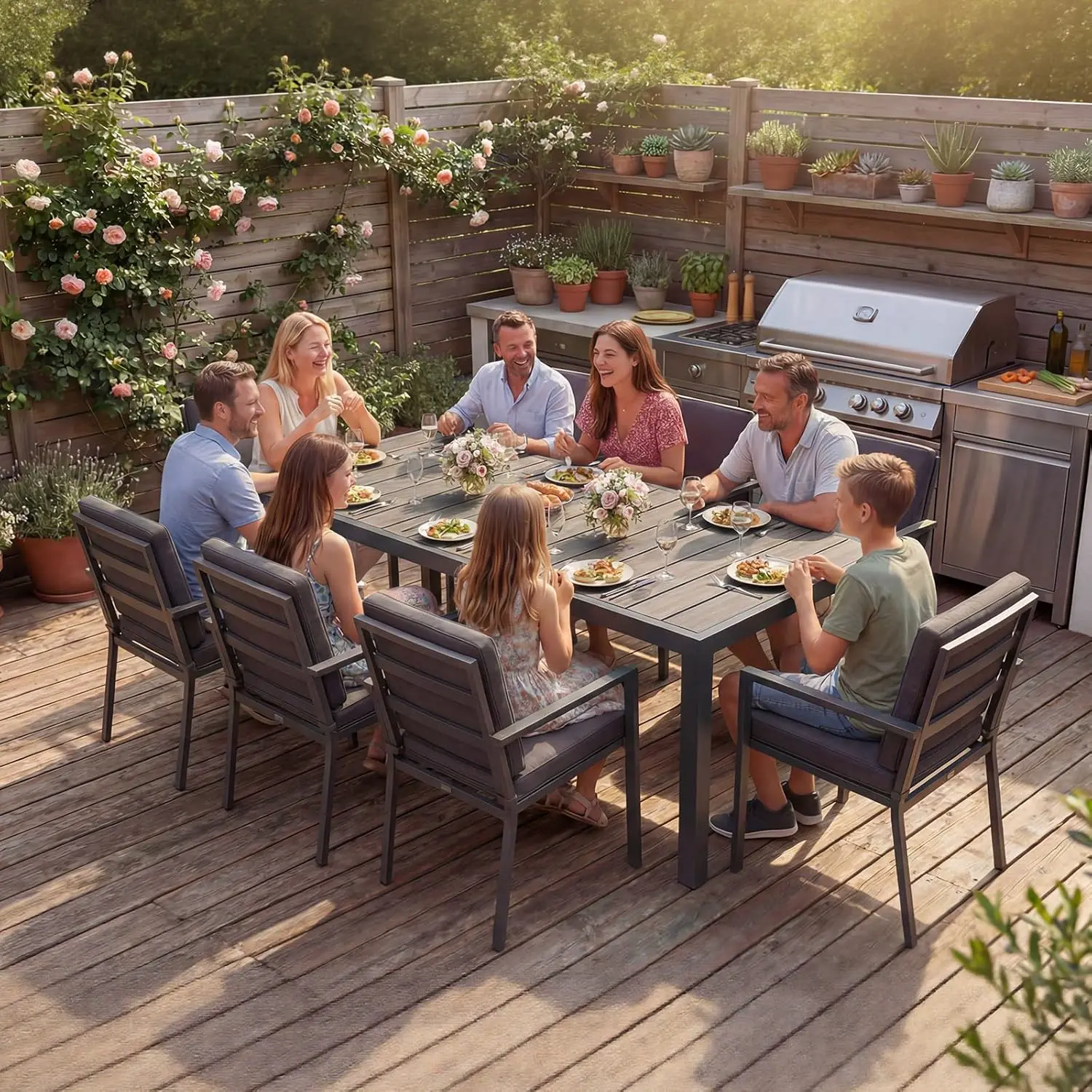 Table de jardin 8 places en bois gris vue 7