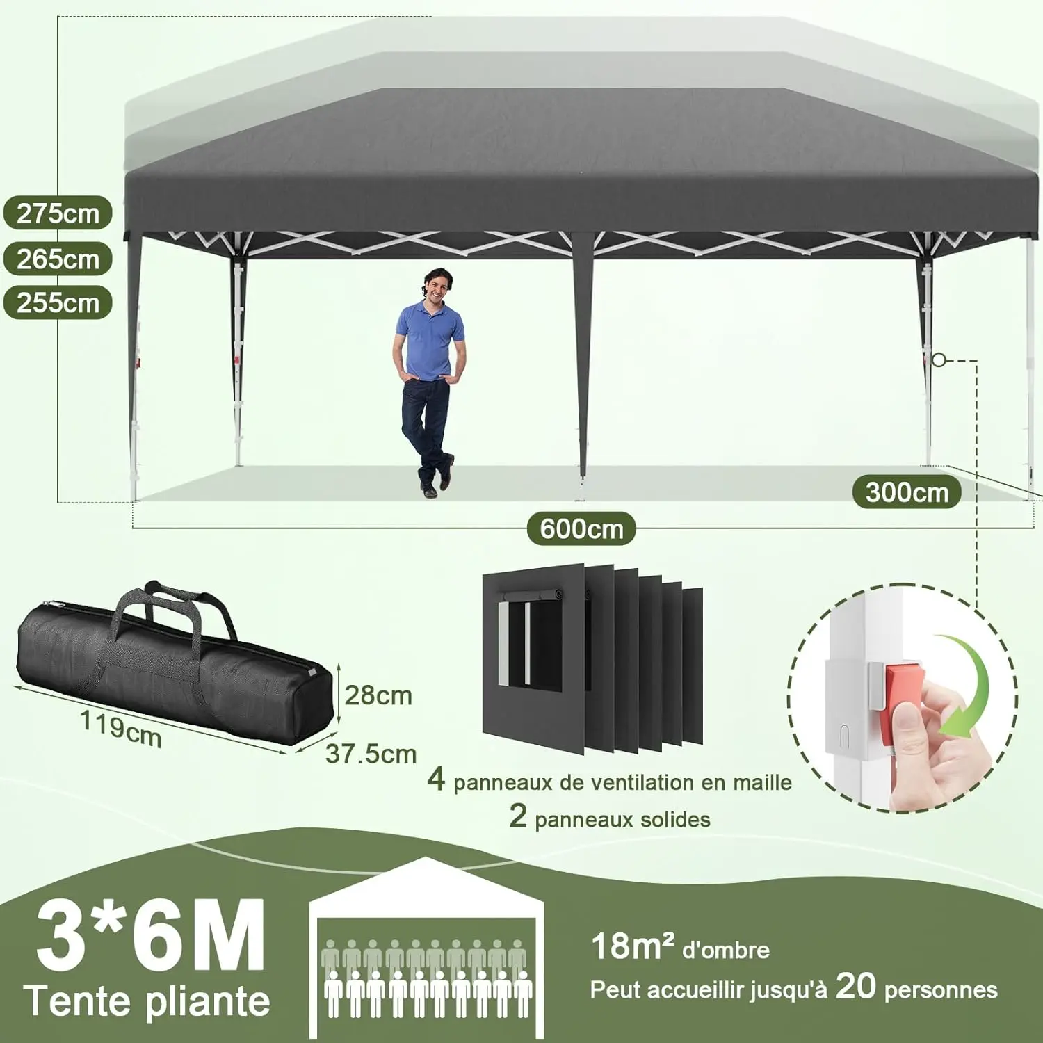 Tonnelle en métal gris 3x6 m vue 3