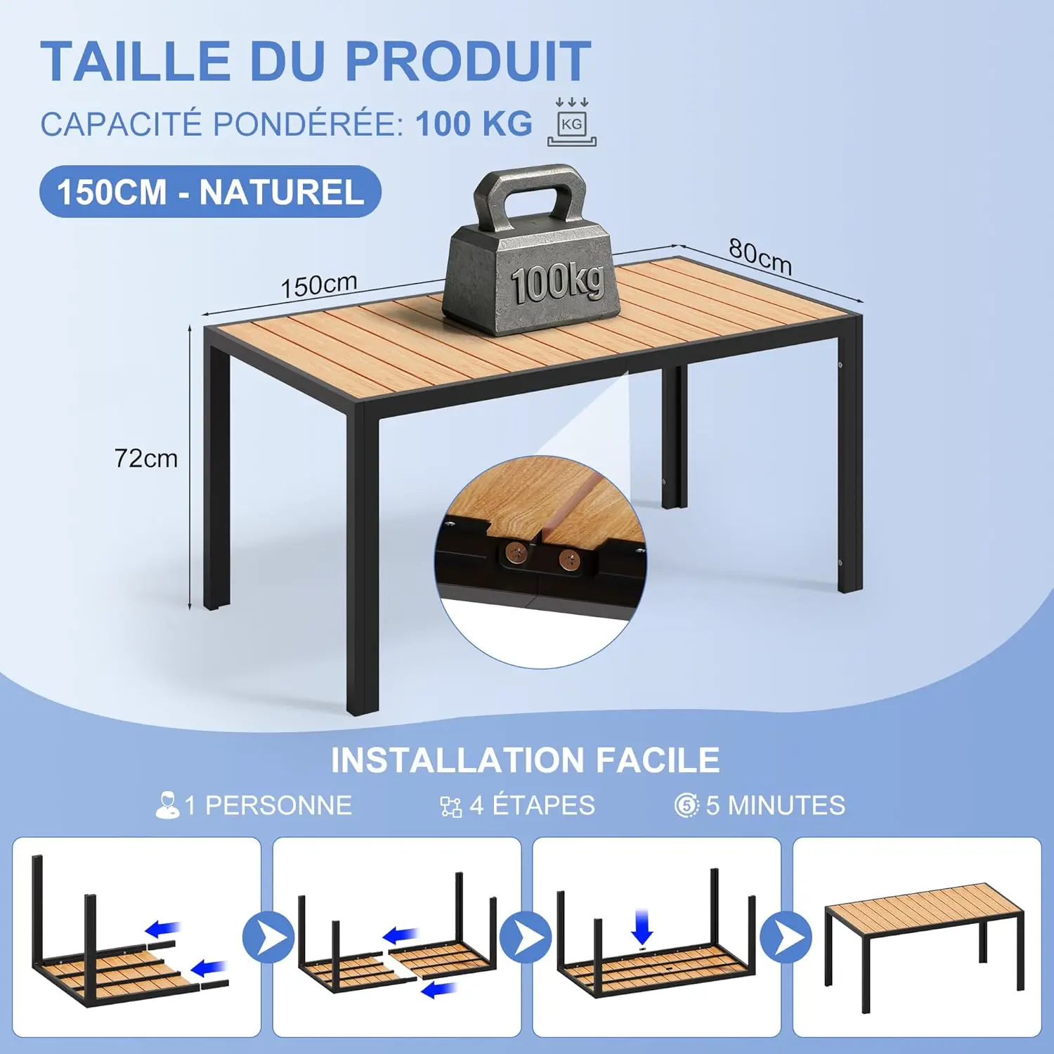 Table de jardin 6 places en aluminium naturel vue 2