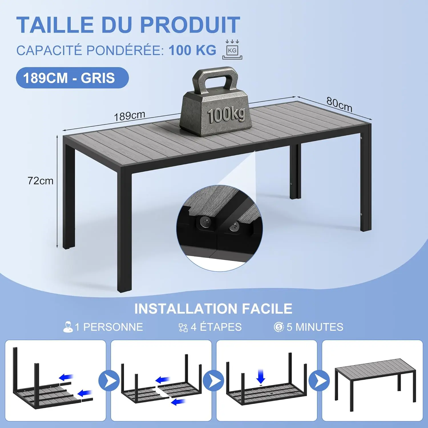 Table de jardin 8 places en aluminium gris vue 2