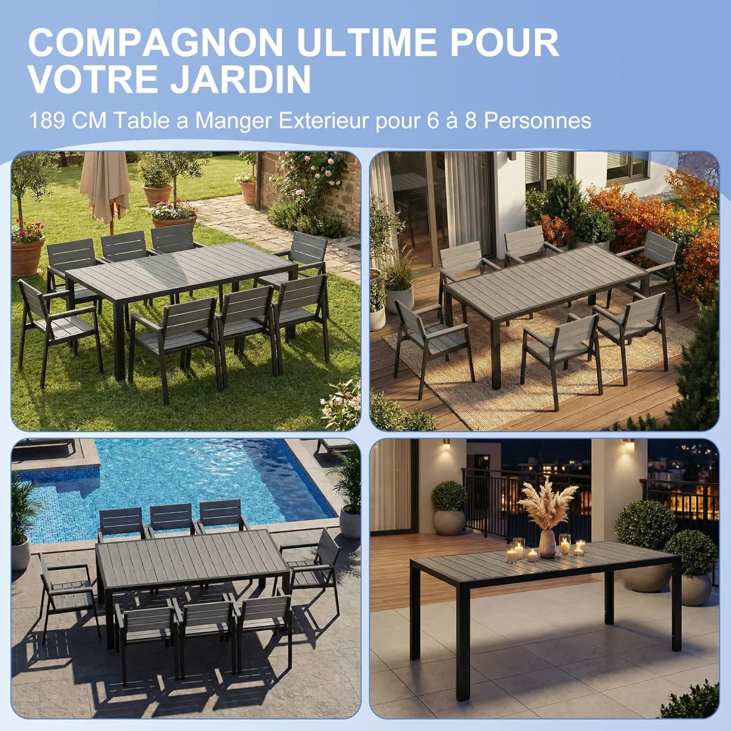 Table de jardin 8 places en aluminium gris vue 7