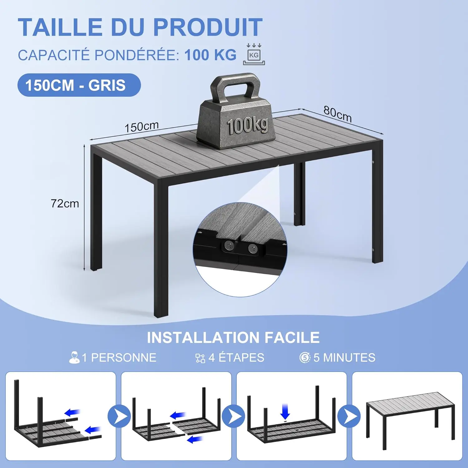 Table de jardin 6 places en aluminium gris vue 2