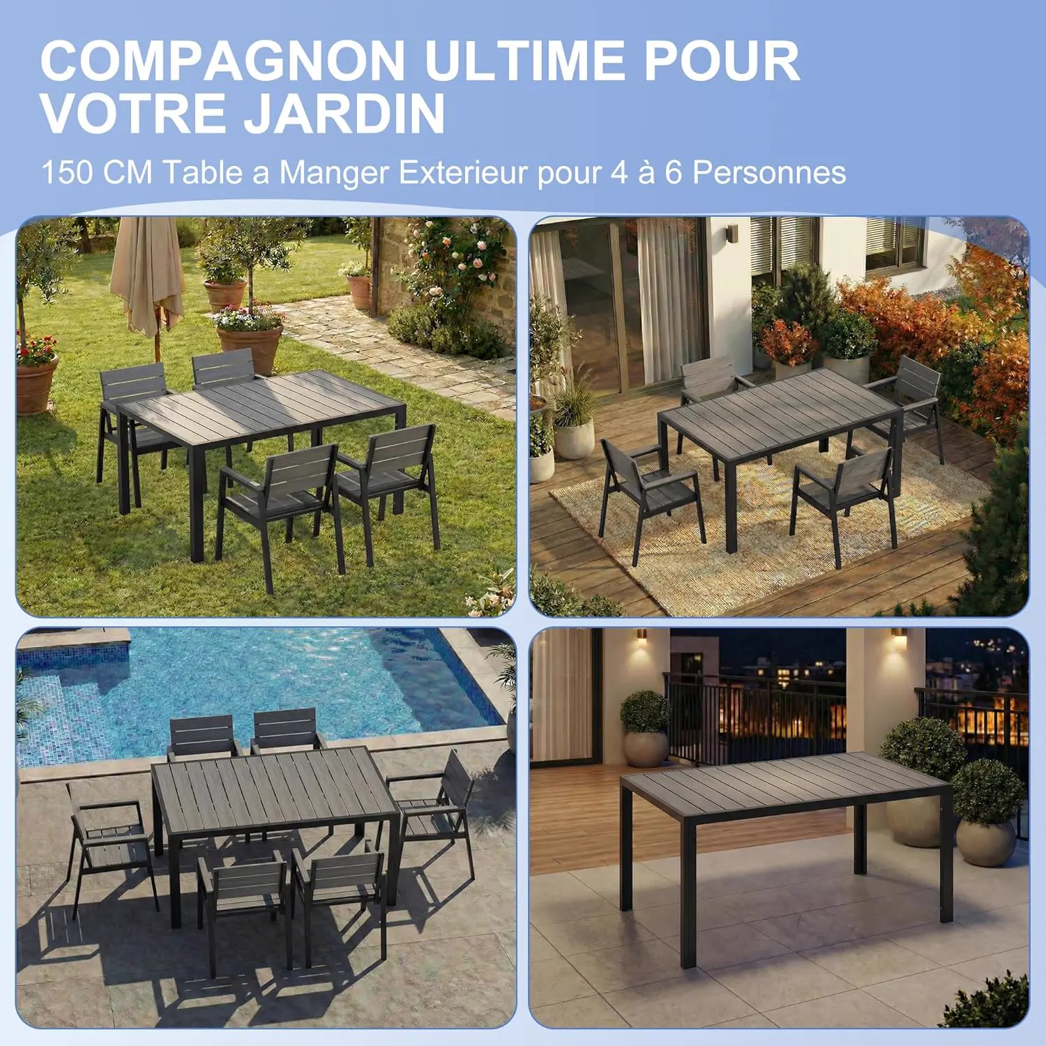 Table de jardin 6 places en aluminium gris vue 7