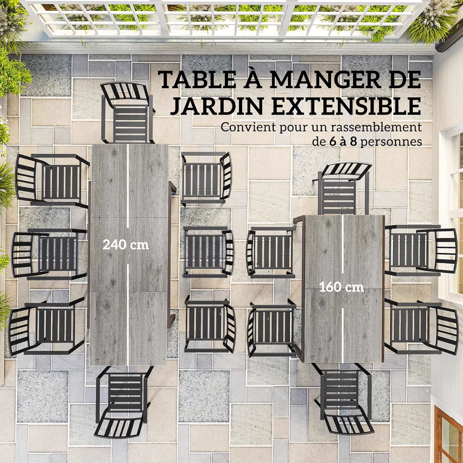Table de jardin 8 places en métal gris vue 3