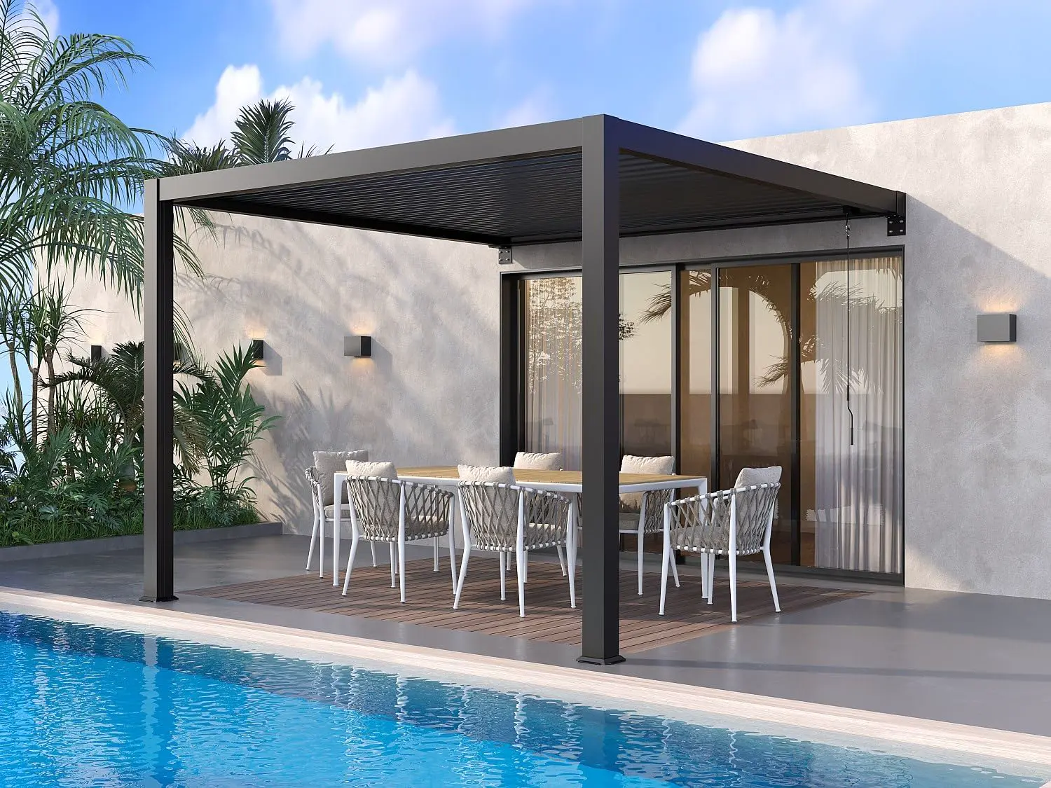 Pergola en aluminium gris 9,4 m² adossée vue 3