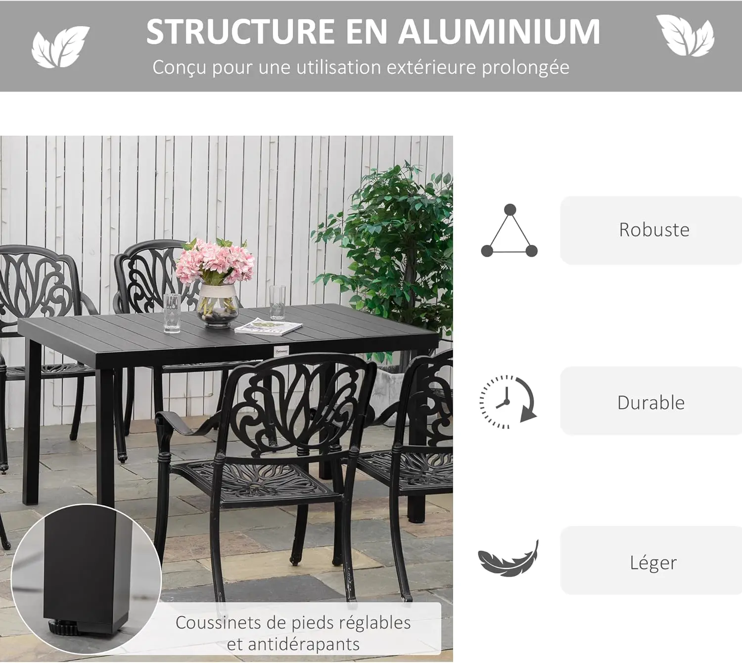 Table de jardin 6 places en aluminium noir vue 5