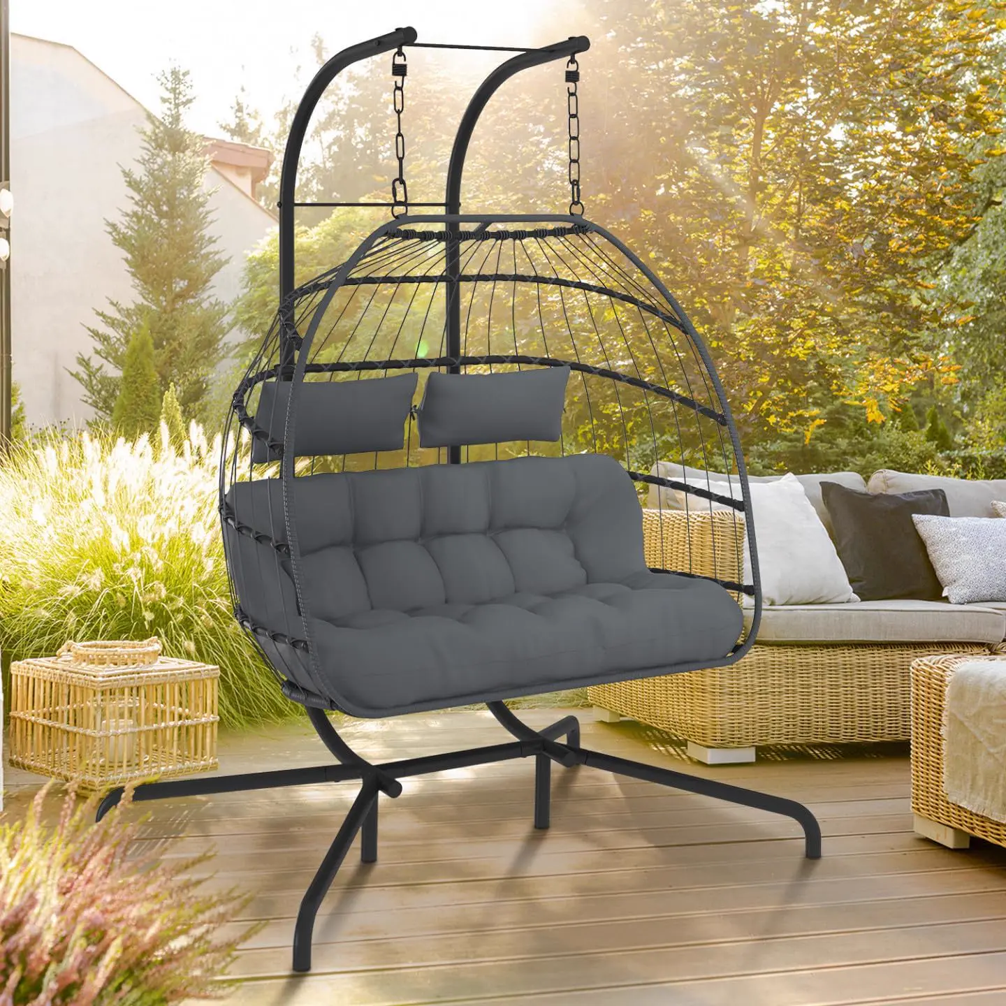 Fauteuils suspendus 2 places en rotin gris vue 2