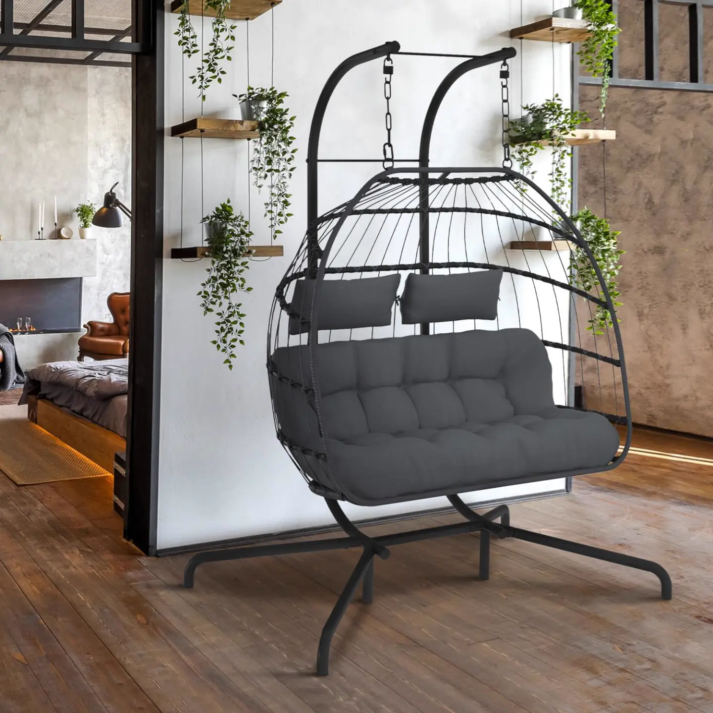 Fauteuils suspendus 2 places en rotin gris vue 4