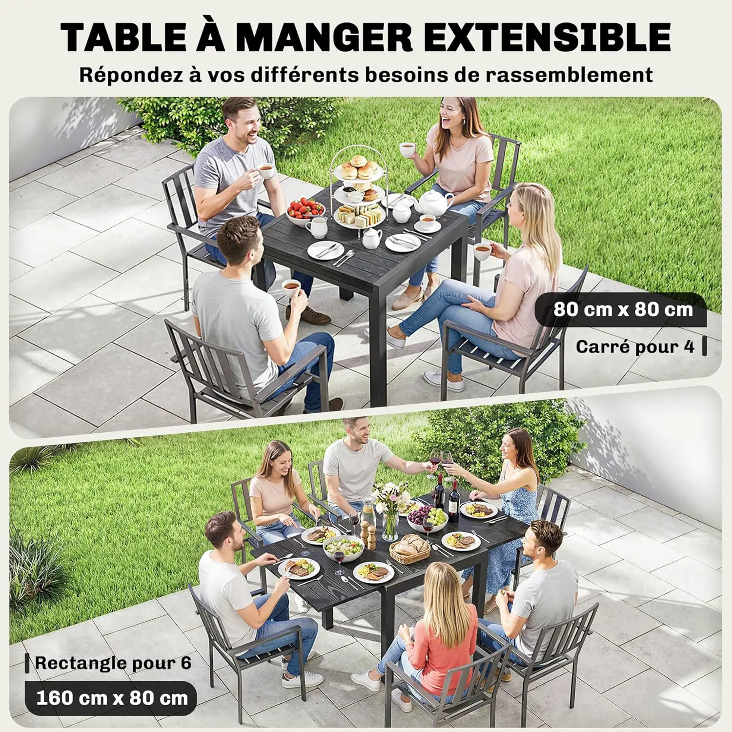 Table de jardin 4 places en aluminium noir vue 4