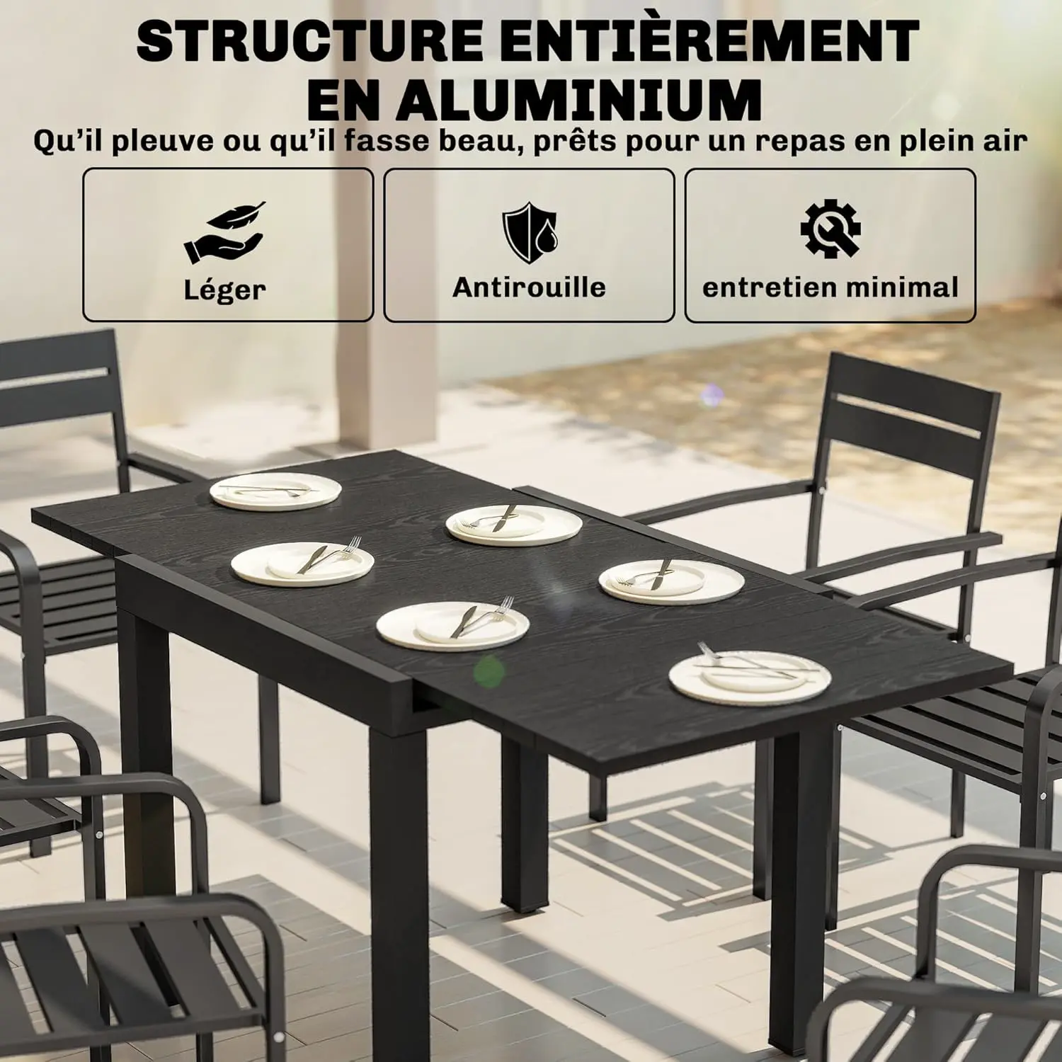Table de jardin 4 places en aluminium noir vue 5