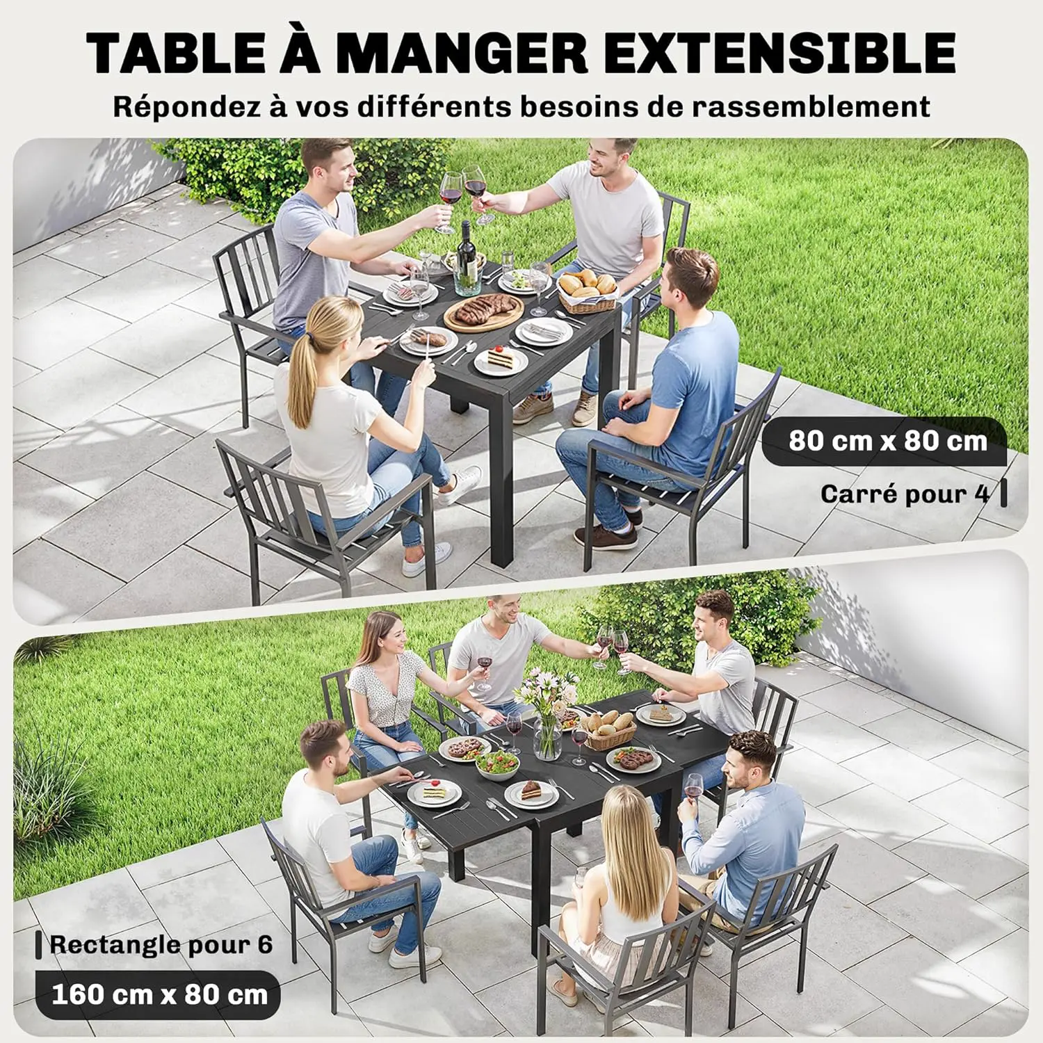 Table de jardin 6 places en aluminium noir vue 4