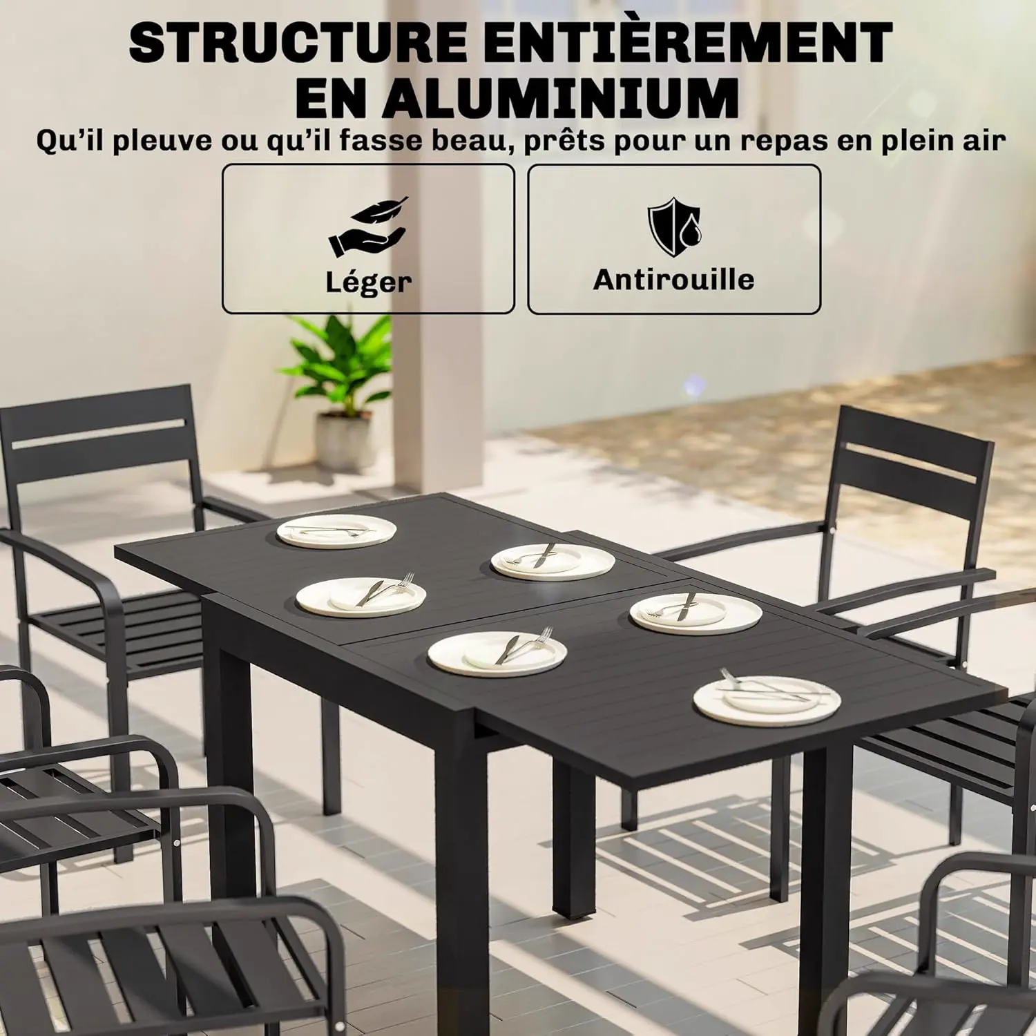 Table de jardin 6 places en aluminium noir vue 5