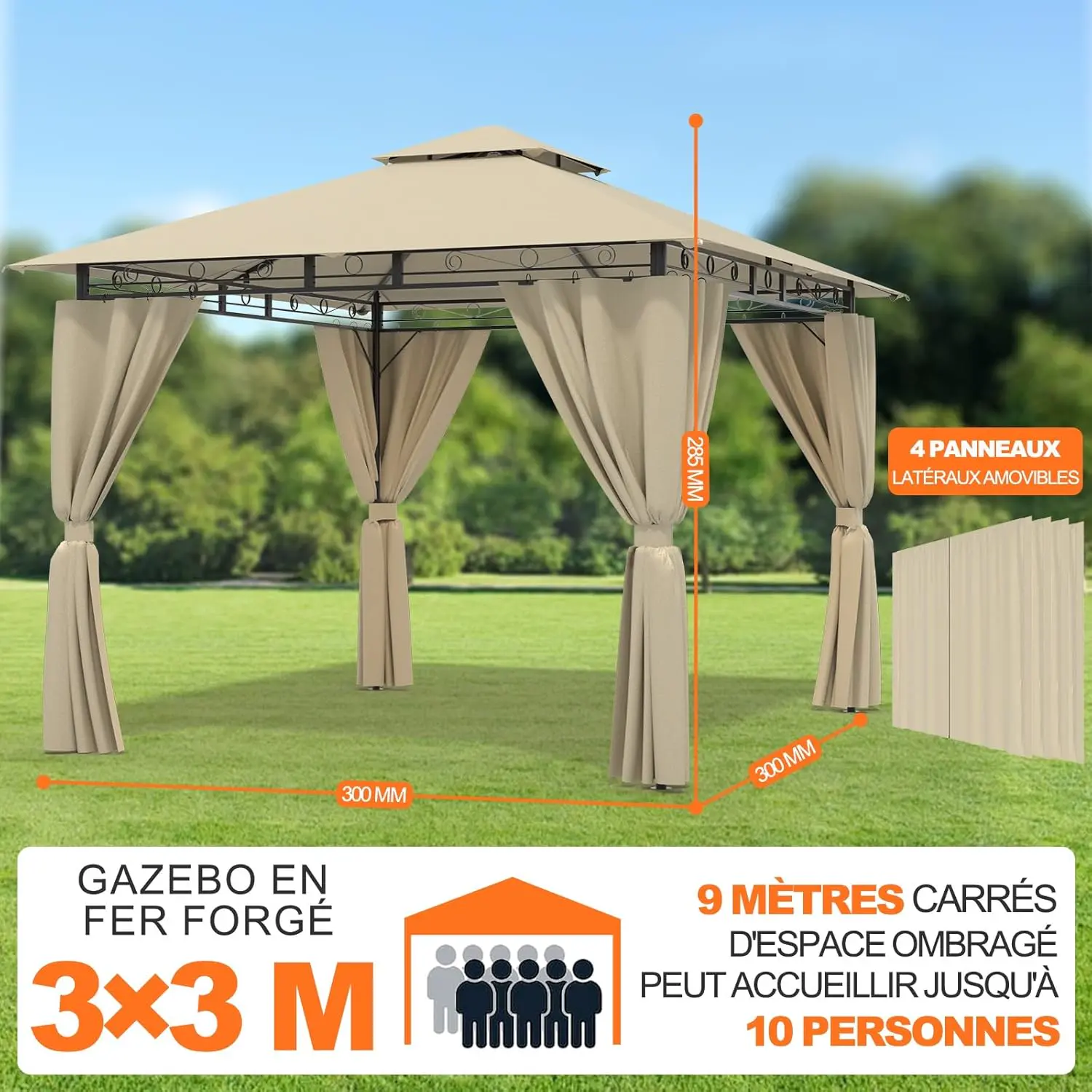 Tonnelle en métal beige 3x3 m vue 2