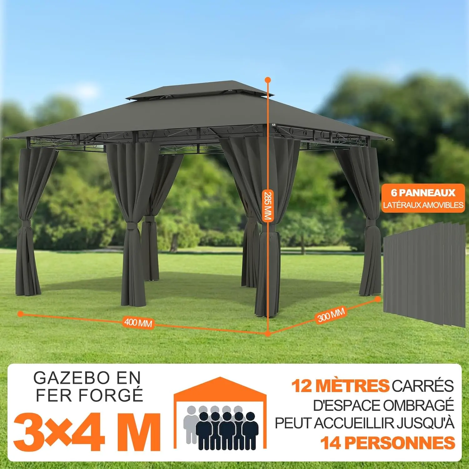 Tonnelle en métal gris 3x4 m vue 2