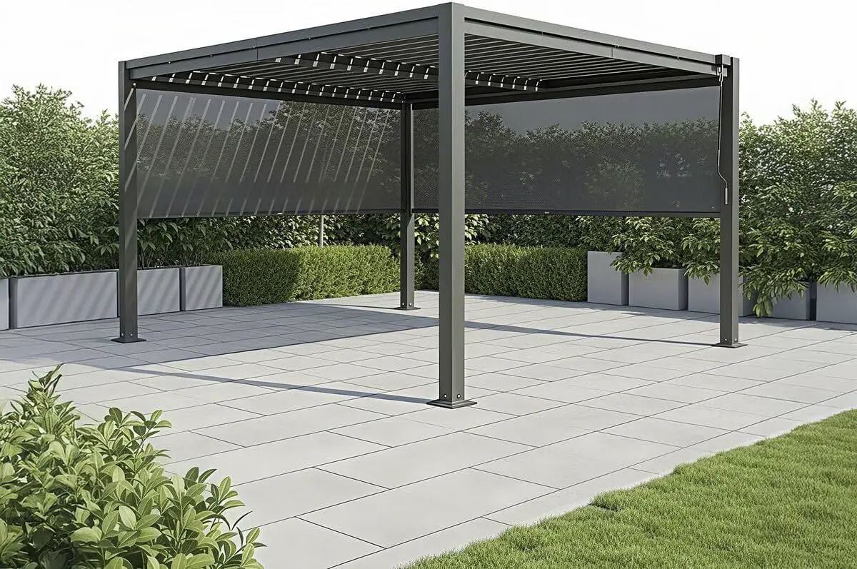 Pergola en métal gris 3x4 m 2 stores vue 2