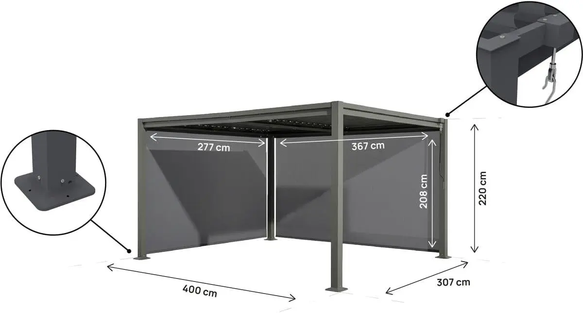 Pergola en métal gris 3x4 m 2 stores vue 4