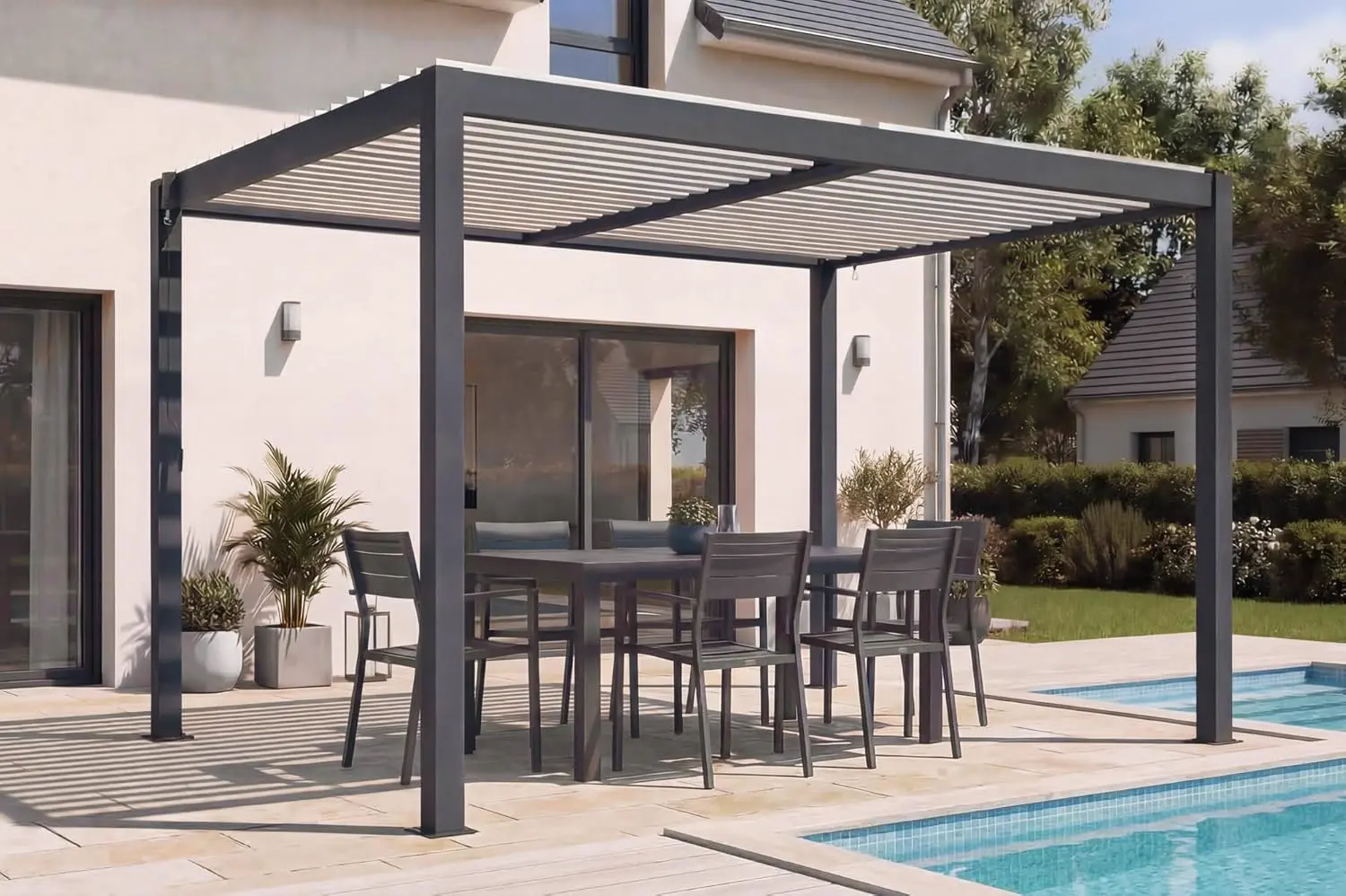 Cazeboo Pergola bioclimatique autoportée 4x3m AGOSTA Aluminium Gris