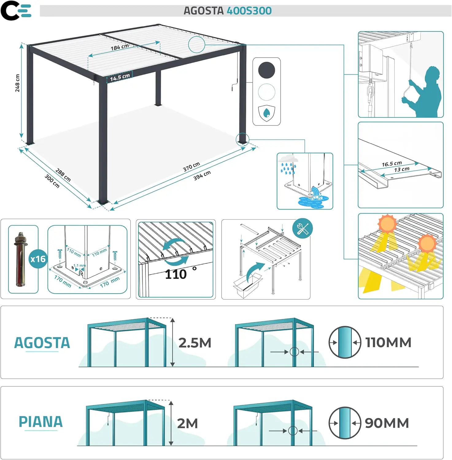 Pergola en aluminium gris 4x3 m autoportée vue 2