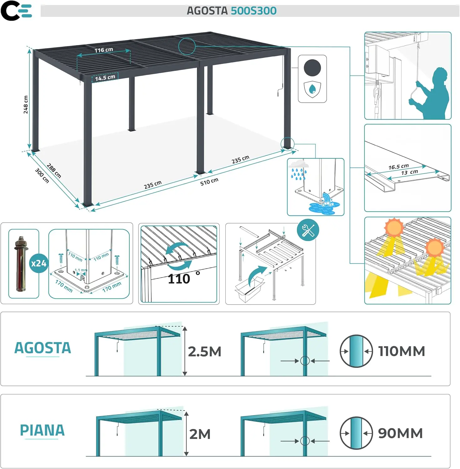 Pergola en aluminium gris 5x3 m autoportée vue 2