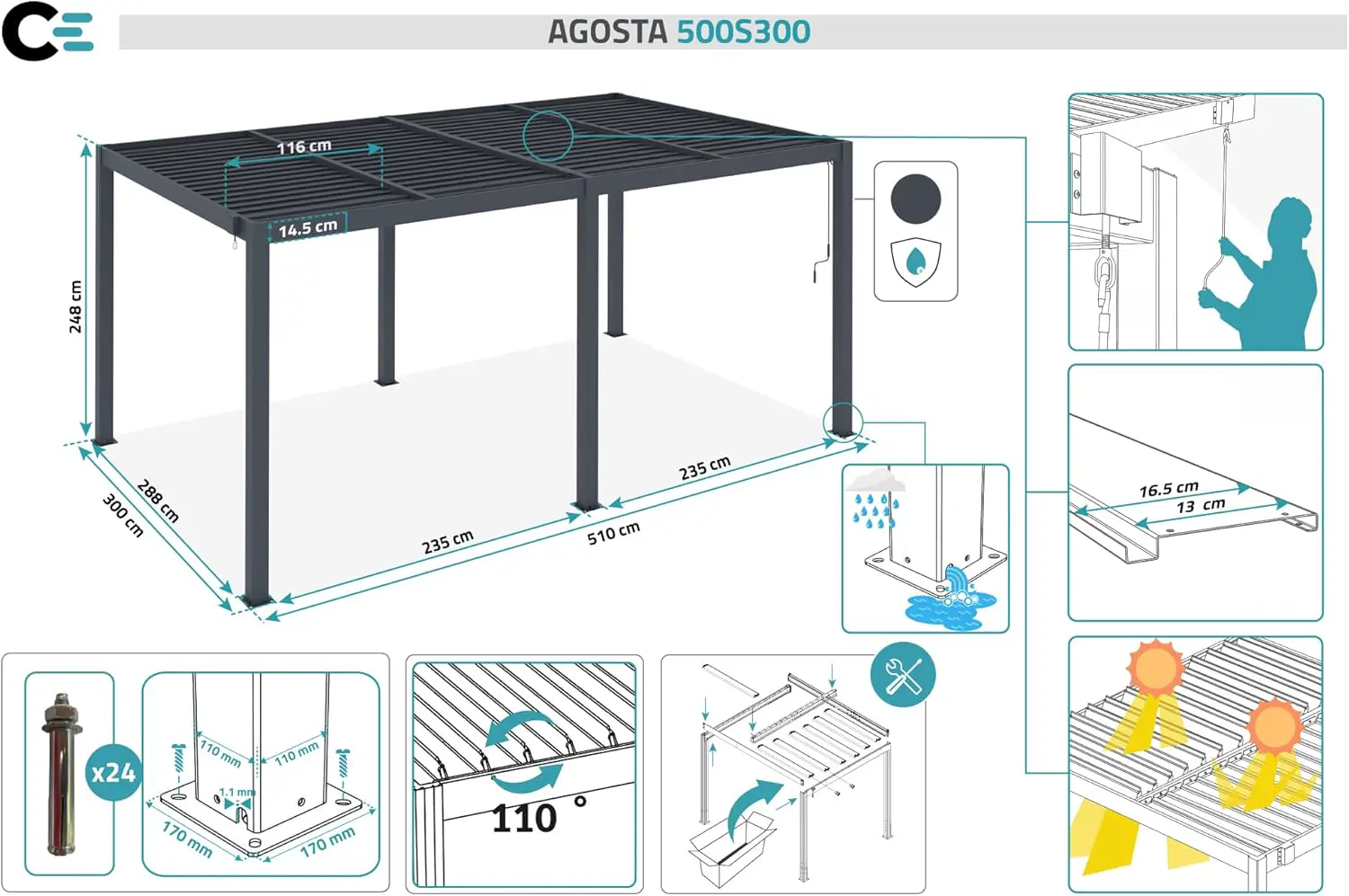 Pergola en aluminium gris 5x3 m autoportée vue 5
