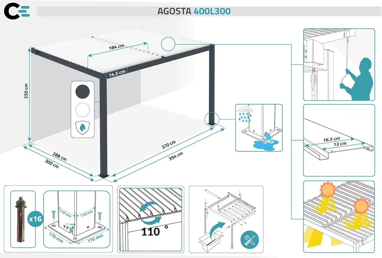 Pergola en aluminium gris 4x3 m adossée vue 2