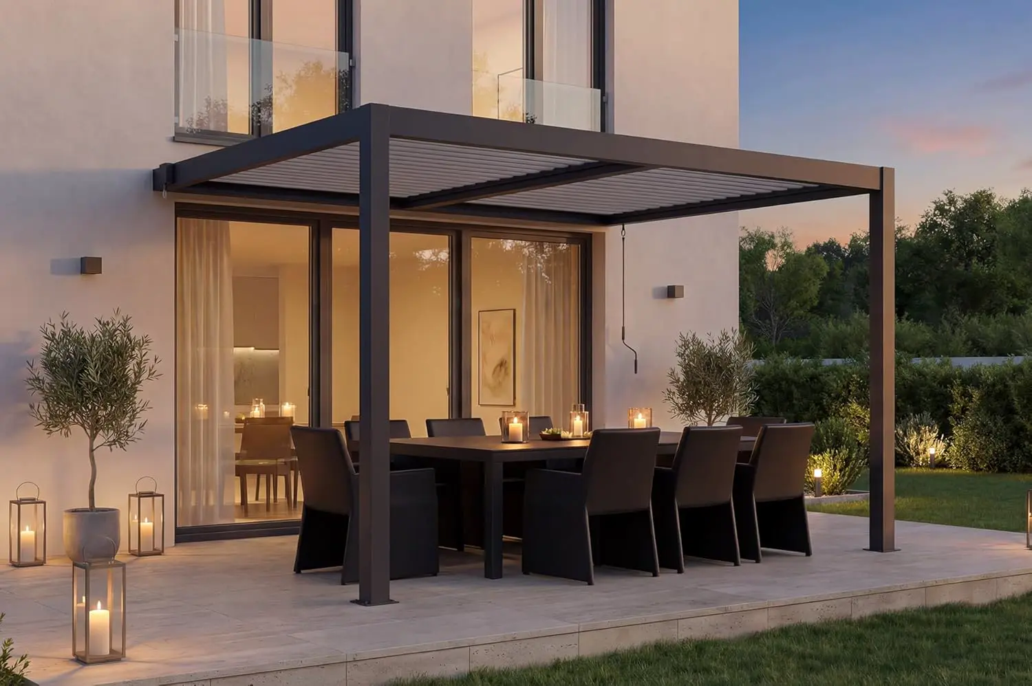 Pergola en aluminium gris 4x3 m adossée vue 3