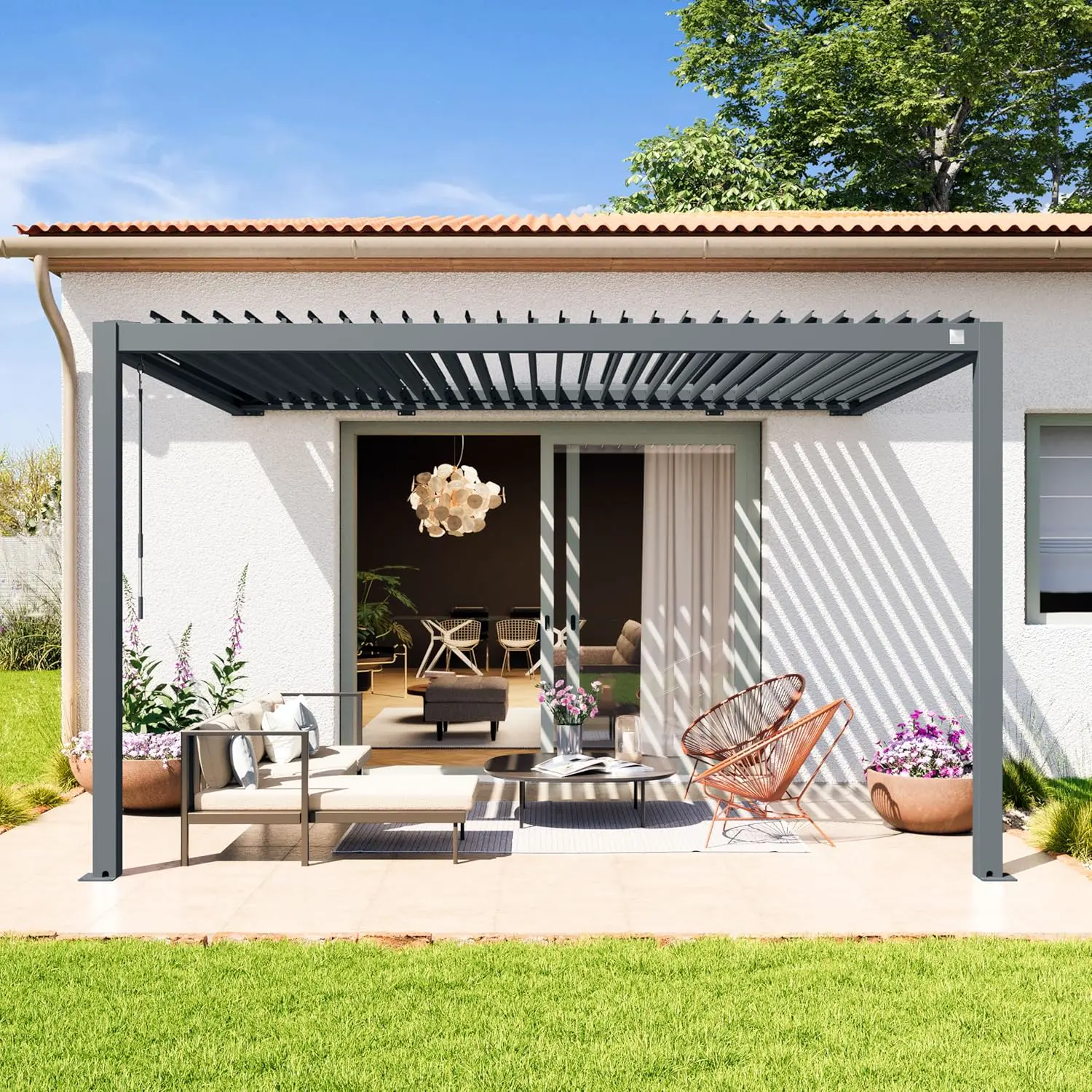 PRIMEYARD Pergola adossée 3x4 m poteaux en Aluminium avec Lames orientables en Acier pergola Murale Anthracite