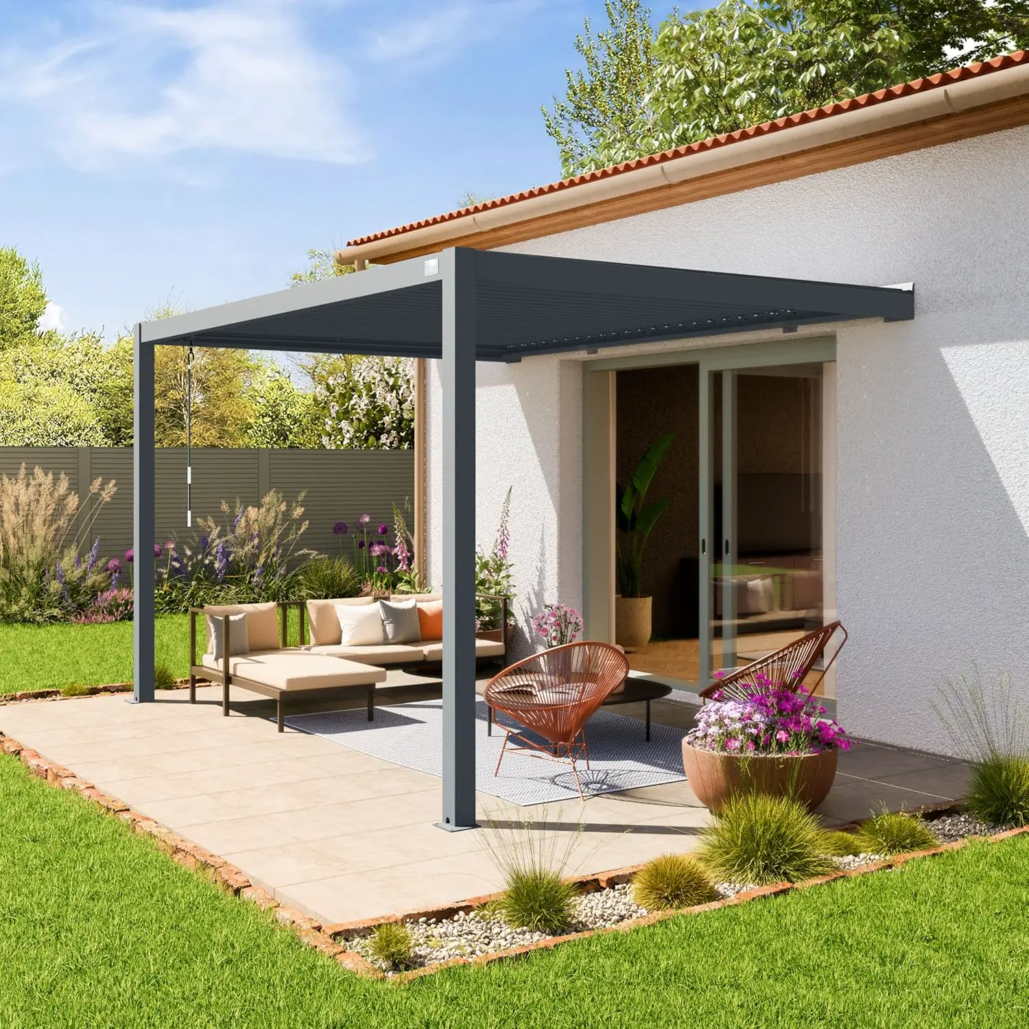 Pergola en aluminium anthracite 3x4 m adossée vue 8