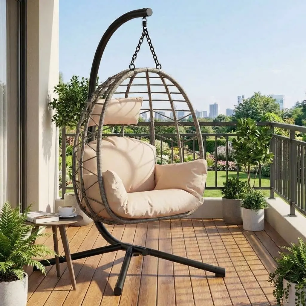 Fauteuils suspendus en rotin beige vue 1