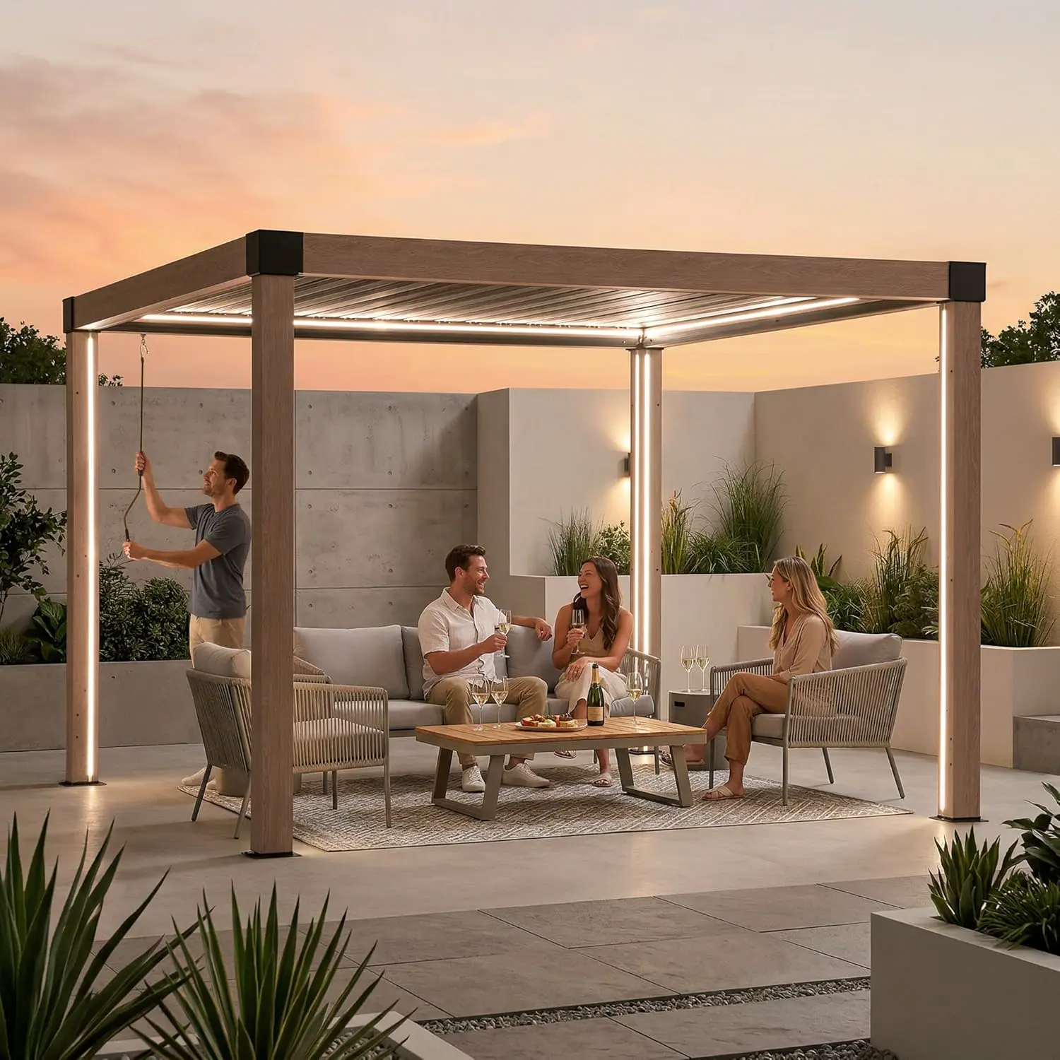 SUNJOY Pergola Bioclimatique 3x3m Tonnelle de Jardin en Aluminium Aspect Bois, Toit à Lames Orientables Électrique, Éclairage LED Solaire, Abri de Terrasse Robuste