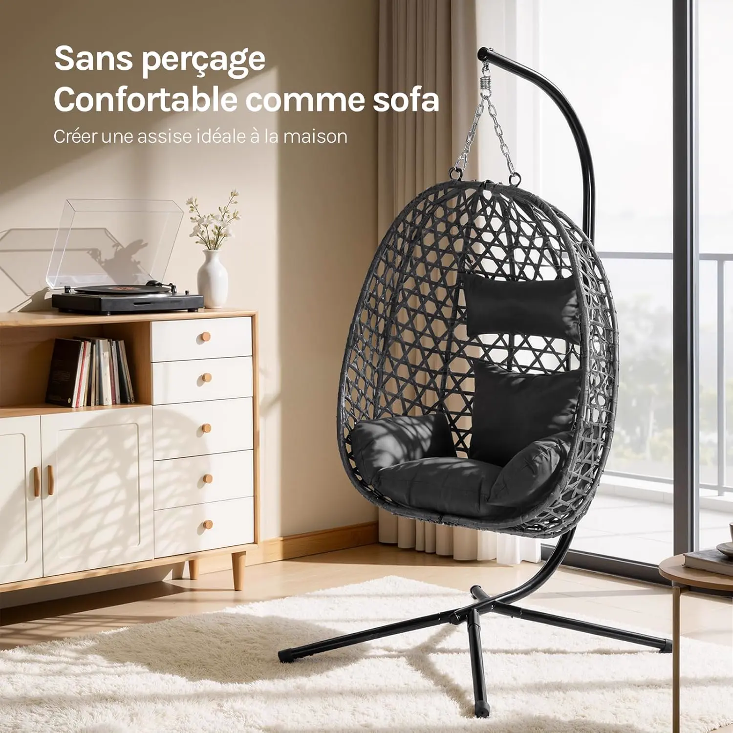 Fauteuils suspendus en rotin noir vue 2