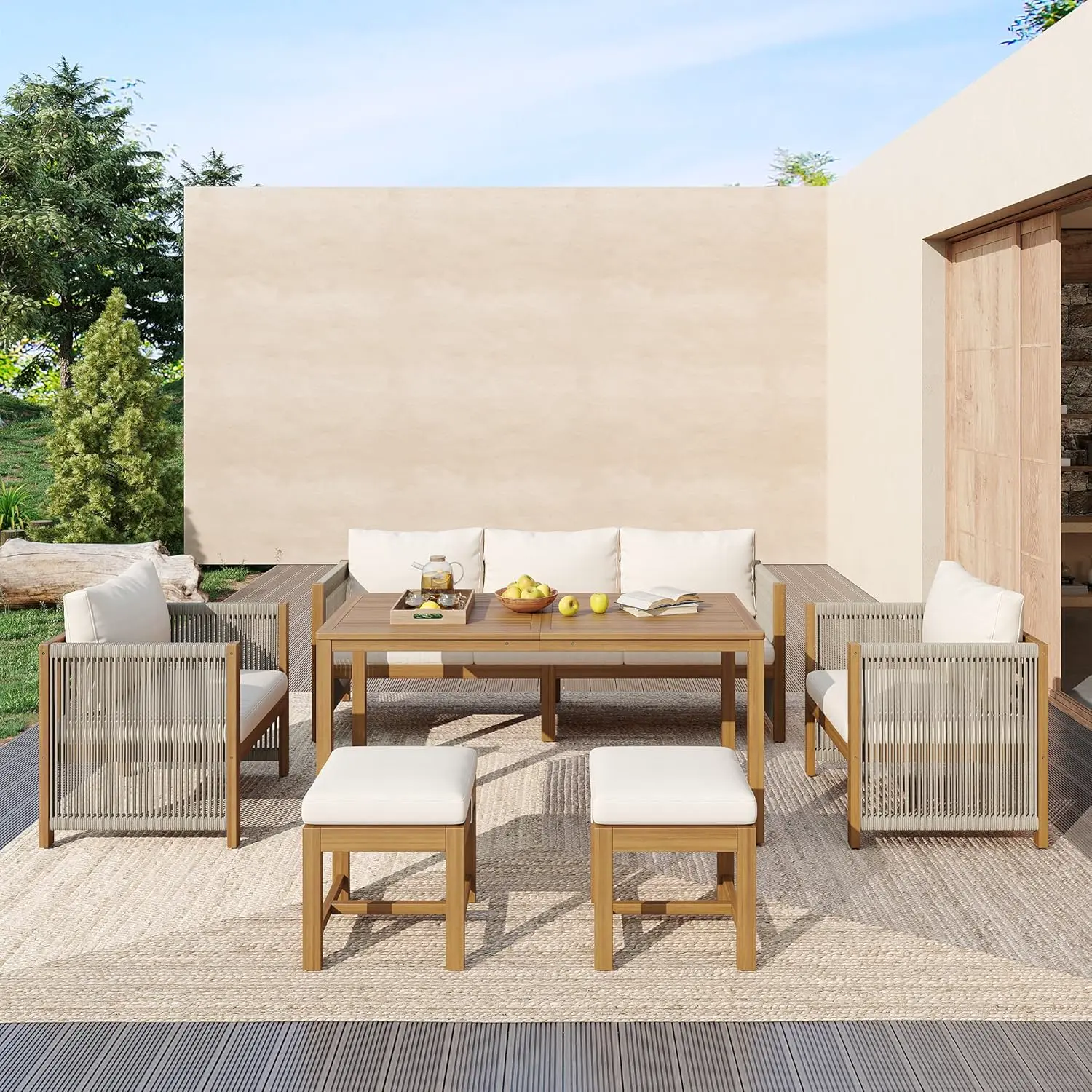 Salon de jardin 7 places en bois beige vue 3