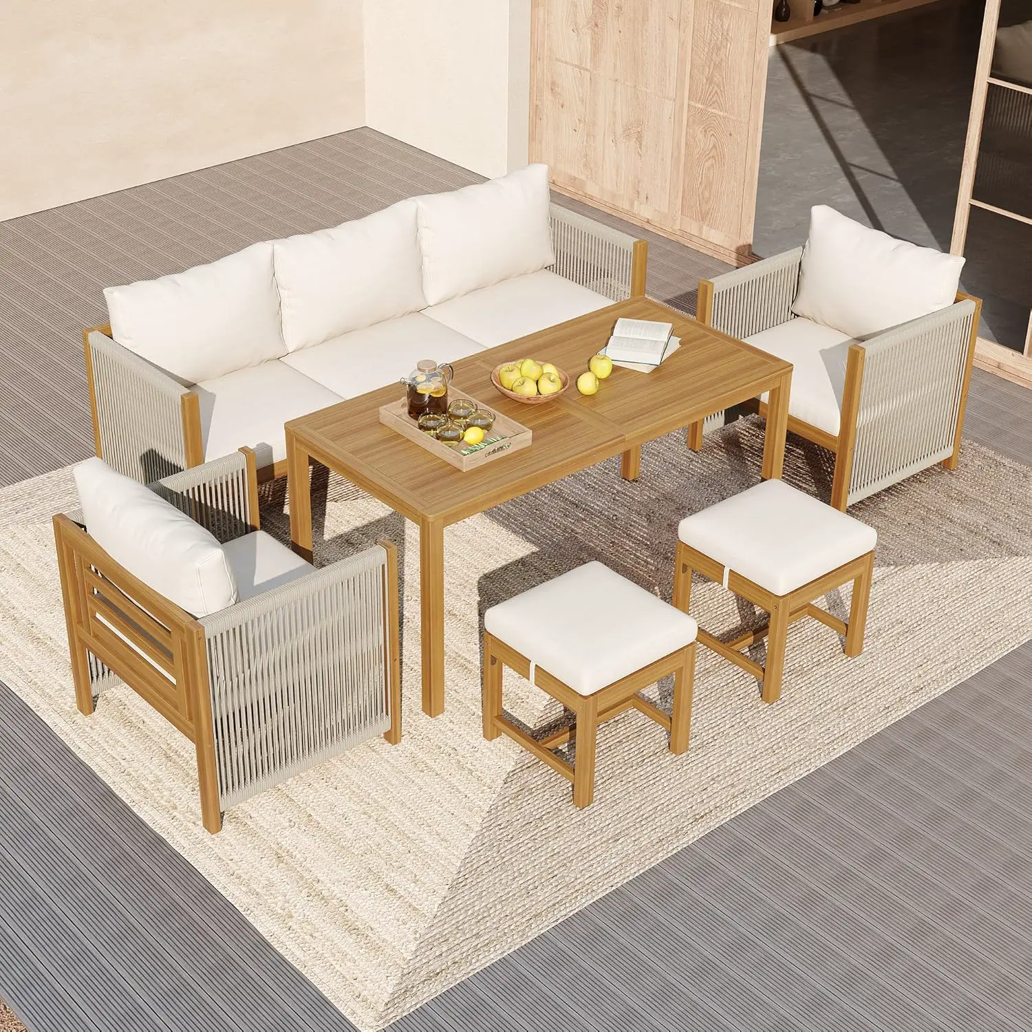 Salon de jardin 7 places en bois beige vue 4