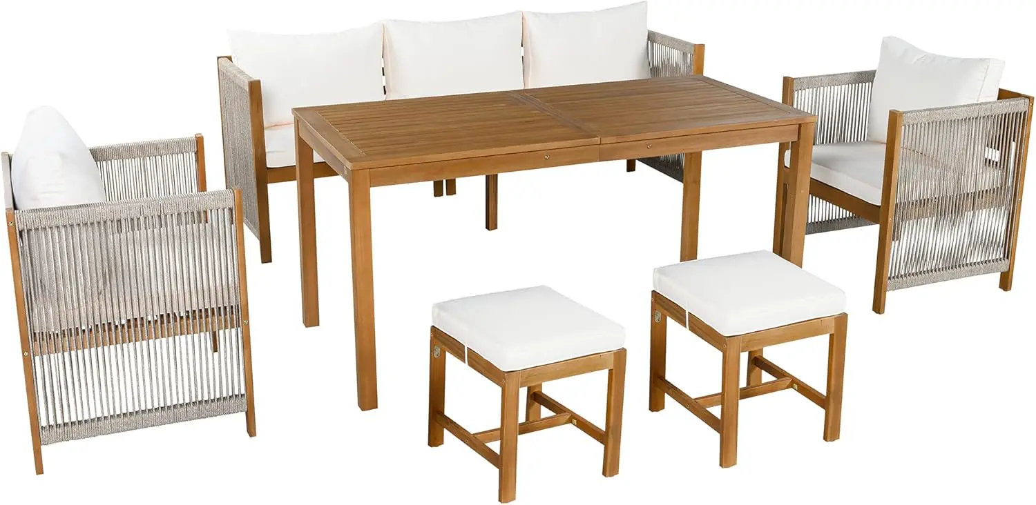 Salon de jardin 7 places en bois beige vue 9