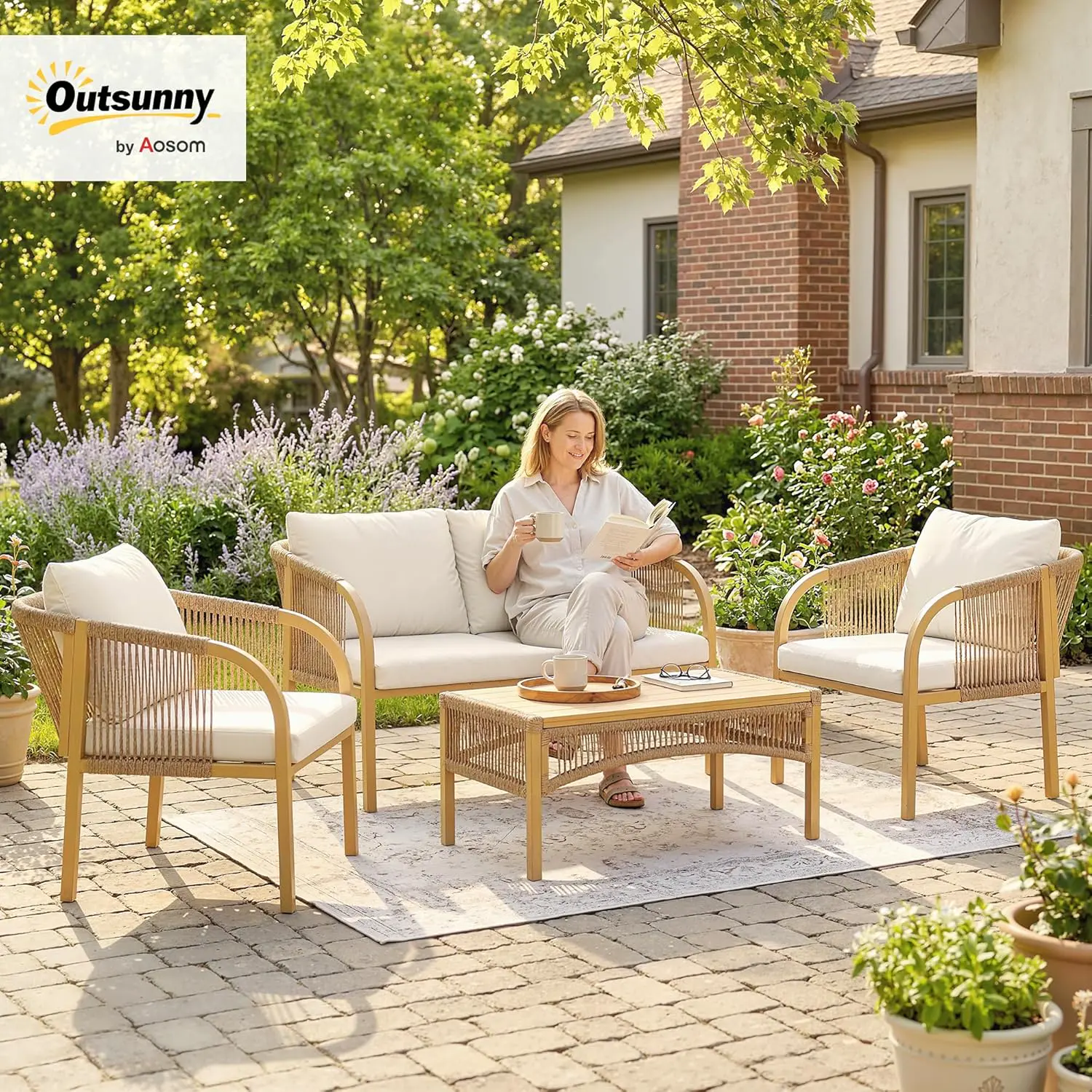 Outsunny Salon de Jardin Extérieur en Résine Tressée 4 Pièces