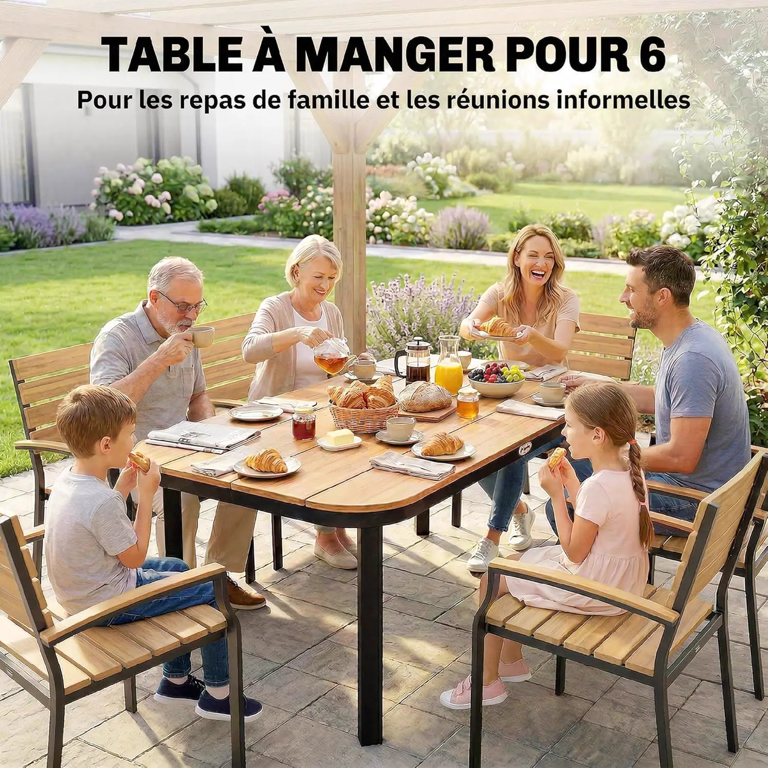 Table de jardin 6 places en métal naturel vue 4